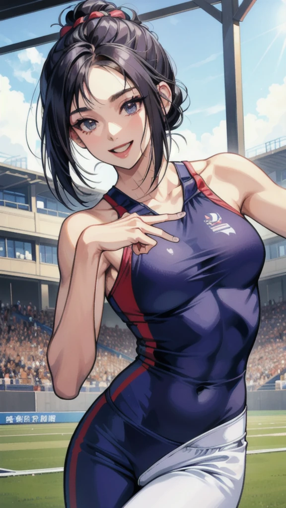 ((masterpiece, Best Quality, Best Quality)),((1 person)),Highly detailed face、Highly detailed eyes、Highly detailed skin、Highly detailed fingers、Highly detailed nose、Highly detailed mouth、Anatomically Perfect Fingers、Anatomically perfect arm、Detailed Background,((A happy smile)),((Sounds fun!)),(Track and field athlete),(Sports Bra),(sexy),(Exposed shoulders),(Summer sunshine),(Dynamic),(露出したAbdominal muscles),(Abdominal muscles),(laughter),(relay),(Jumping),(sports meeting),Tight fitting clothing