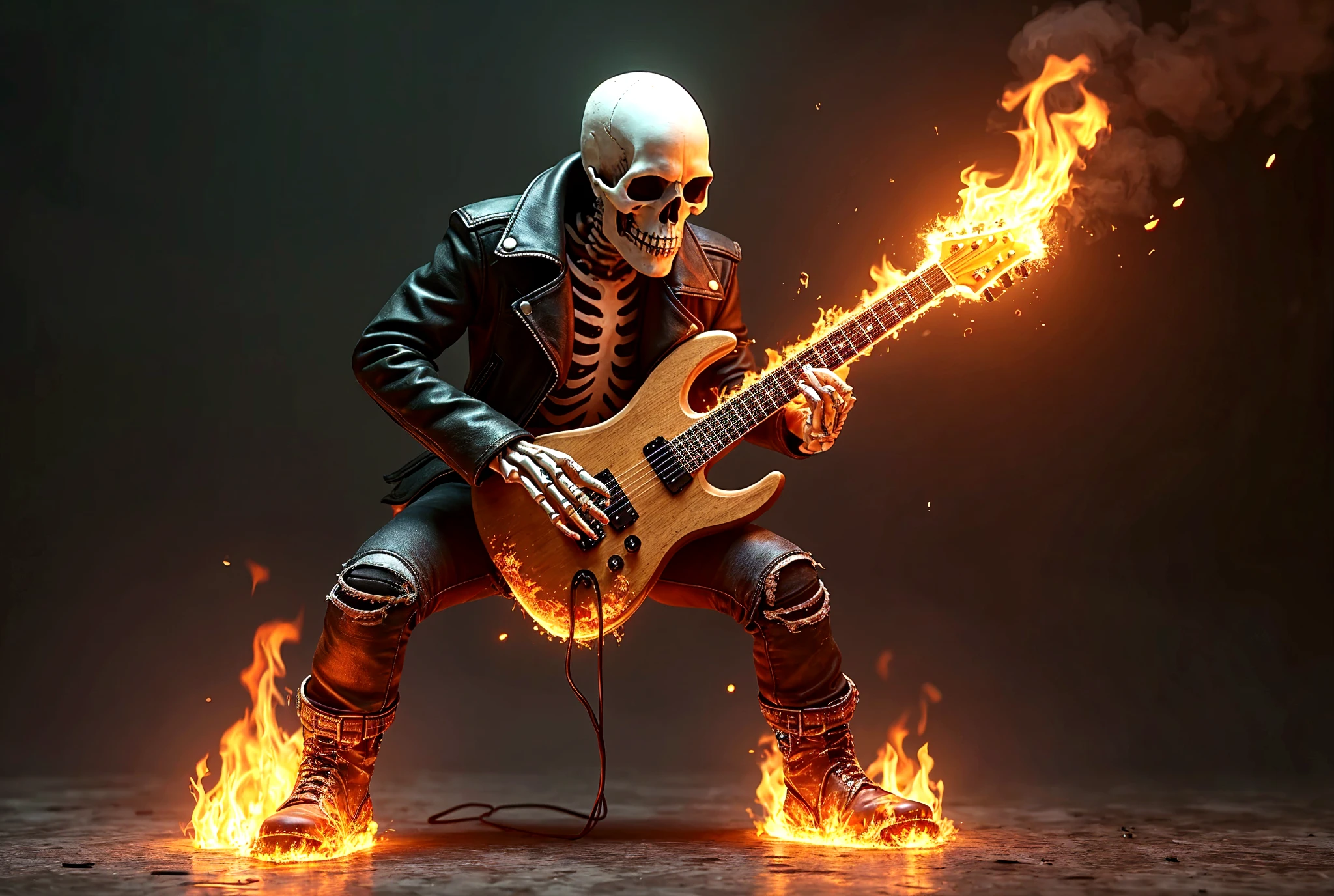 ((best quality)), ((masterpiece)), ((realistic)), (detailed), (Man with skull instead of a head:1.2), ((playing the electric stratocaster guitar)), (wearing the black leather jacket), flames, (metalhead, rock and roll), detailed digital art, trending on artstation, concept art, unreal engine, hyper detailed, volumetric light, moody cinematic epic concept art, realistic matte painting, cinematic epic, insanely detailed, , ((masterpiece)), absurdres, HDR