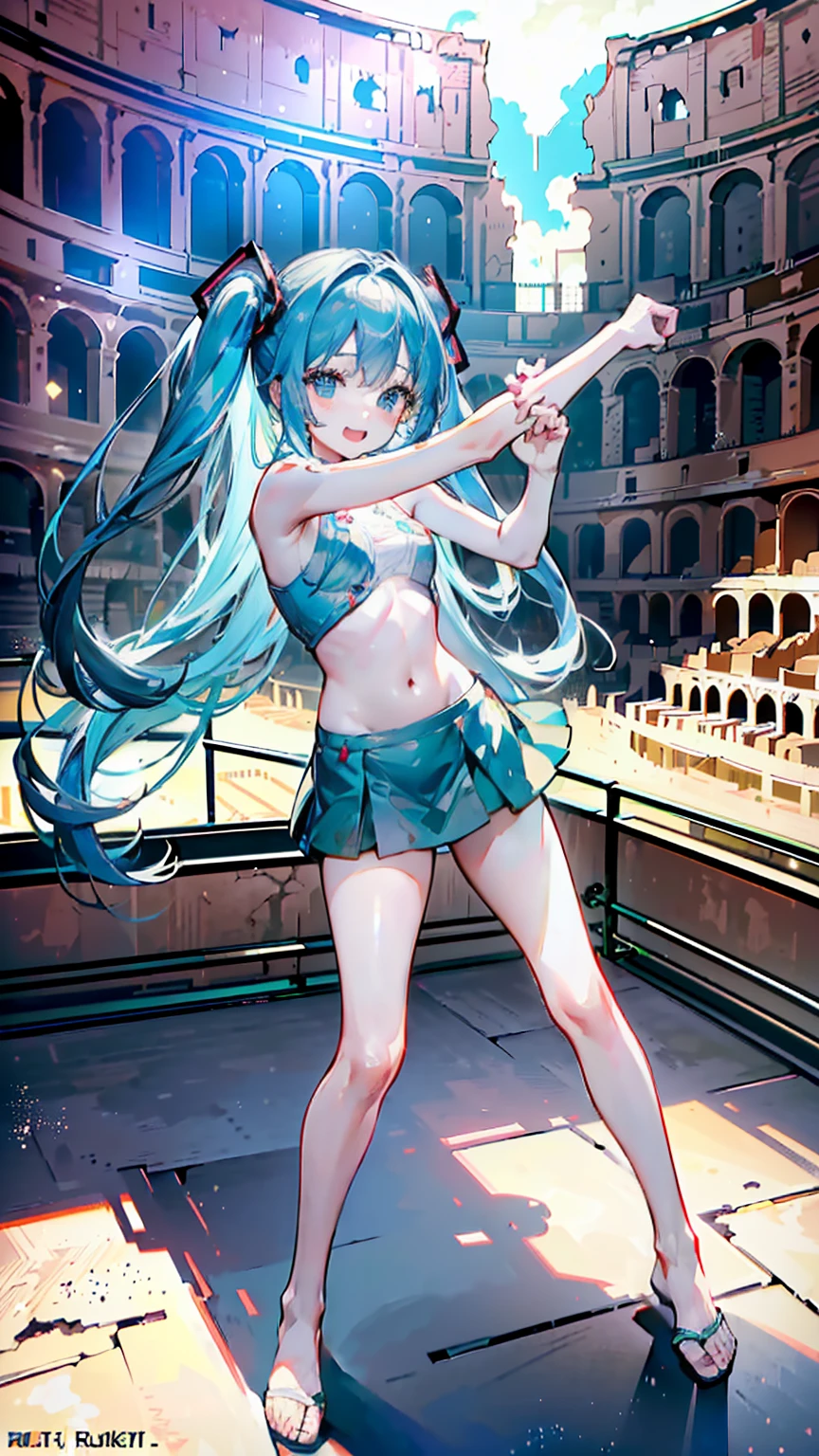 naked,ultra high quality,4K,8K,masterpiece,(((embarrassed,fist_shaking,hit_the_enemy,rumbling,beating,open mouth,smile,enjoy))),hatsune_miku,(((fighting in the colosseum))),break,A man who is defeated and falls down