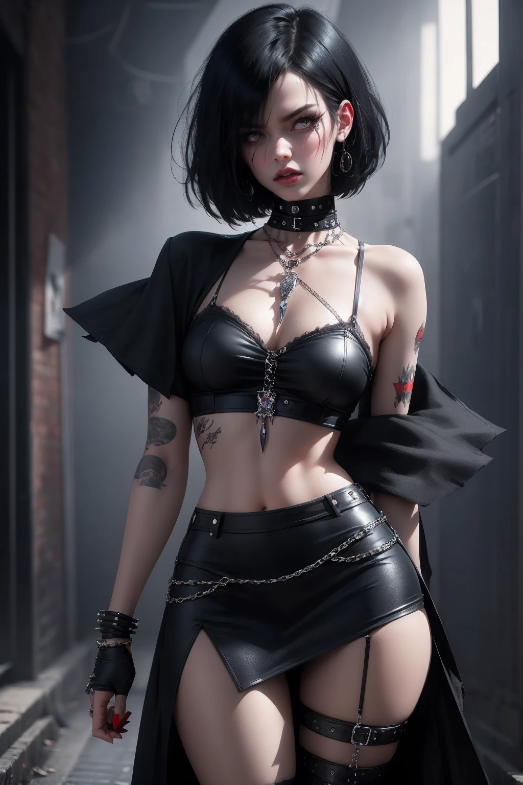 a woman with short black hair, hair on shoulders, wearing a black cropped and plaid skirt, blue eyes, zombie art, gothic art, cute aesthetic with vibe, toon aesthetic, wearing red costume, wearing gothic accessories, look like Cassie Hack, whole body, walking on the skrulls