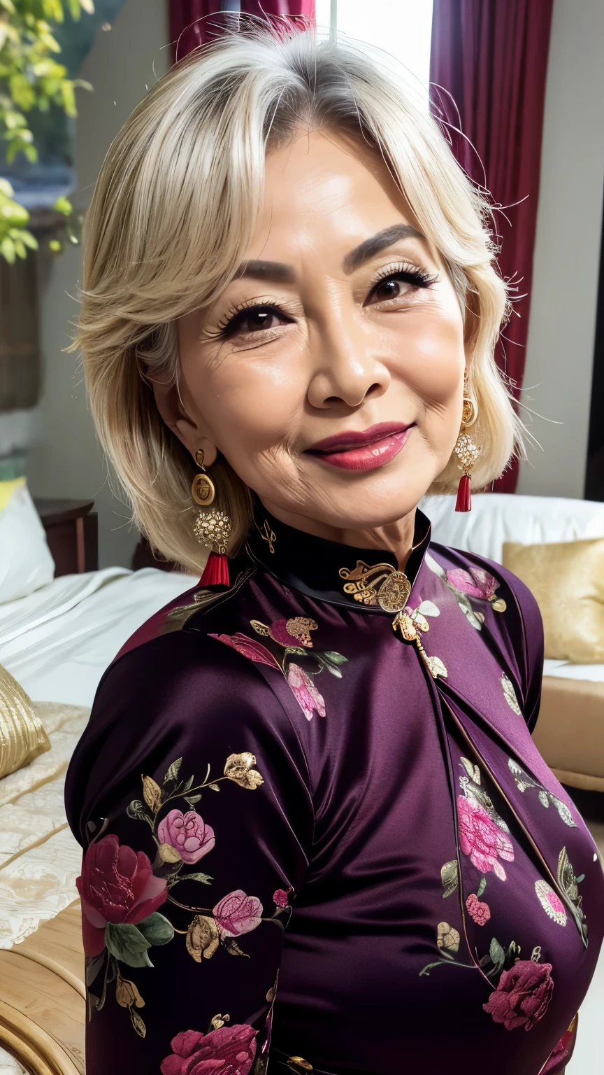 Beautiful mature 45 year old English woman, blonde hair, silk qipao, hair up in tendrils, seductive, lipstick