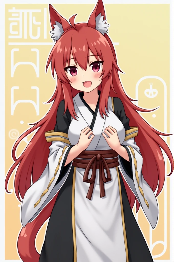 [(WHITE BACKGROUND:1.5),::5], ((((masterpiece)))), high quality, full color, breasts, from_below, focus on eyes, girl, woman, female, young, 20 years old, long hair, big hair, orange hair, light smile, fox_ears, (orange eyes), japanese_clothes,