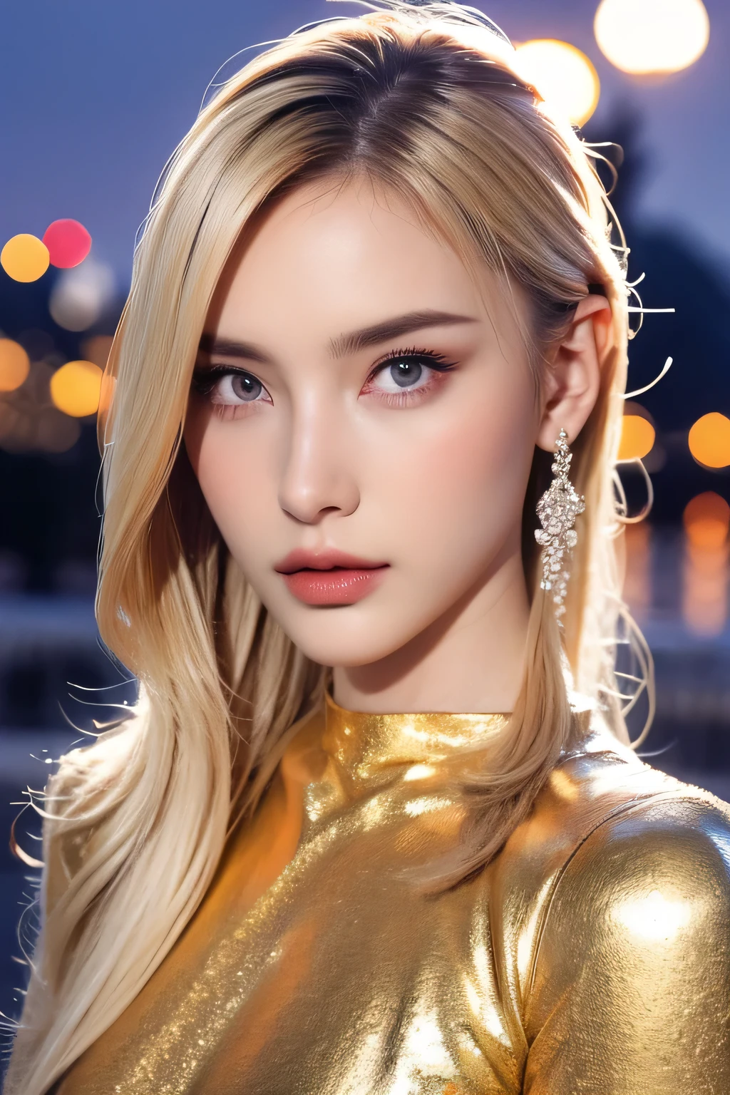 Blonde, whole body, Best Quality, ((Very detailed, Ultra Skin Details)), Detailed face, (Photorealistic:1.4), , night, City viewシルバードレス