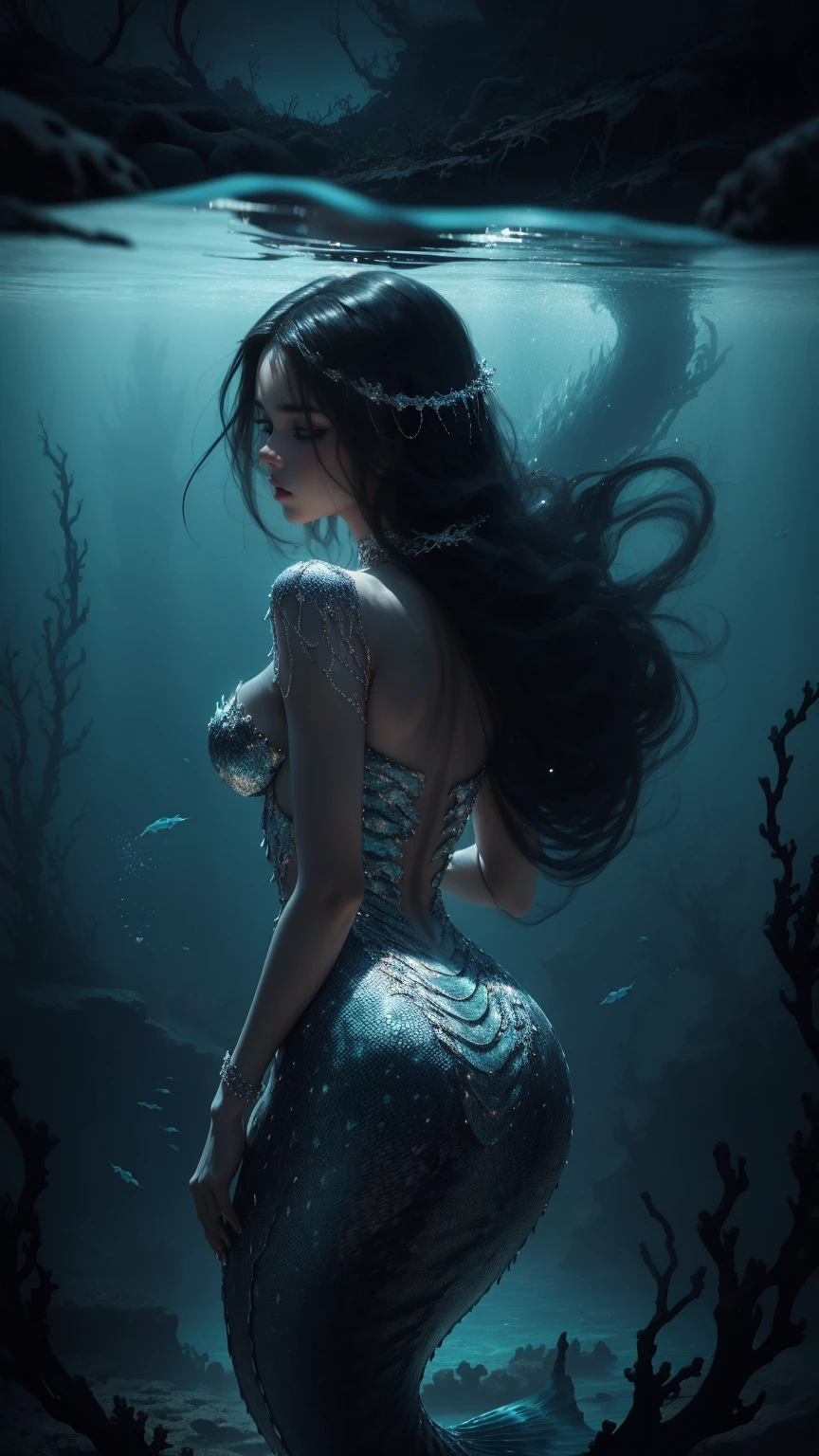 woman 30 years old, underwater, skeleton, ,Under the sea, where coral tendrils and vines abound, a woman (mermaid), long black hair (black hair) looks at you amidst a pile of bones and skulls. Indifferent look , merciless. dancing among the skulls. Angry face. backwards, looking back