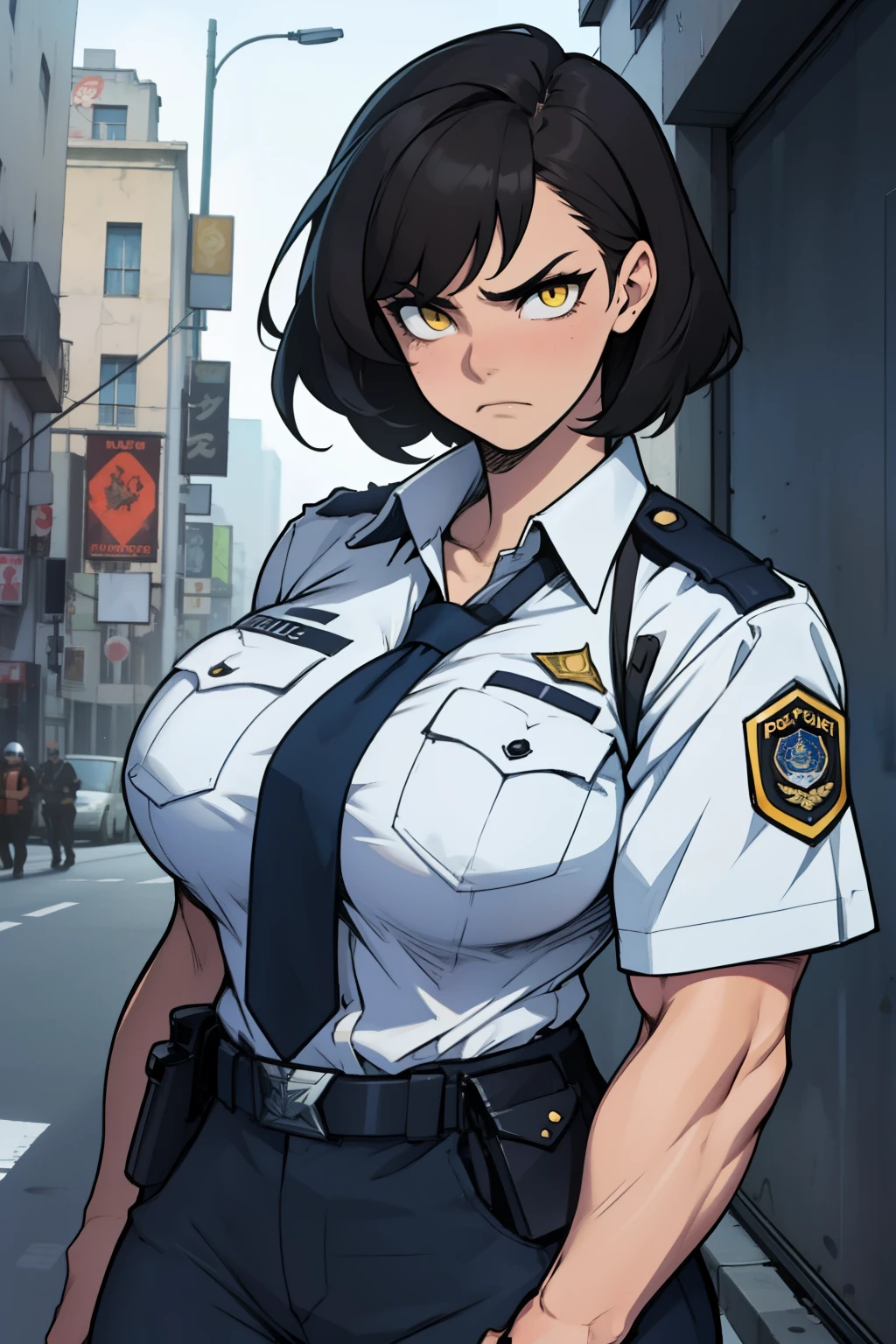 huge breasts huge breasts huge breasts muscular muscular muscular thick thick thick black hair yellow eyes pale skin female sad frown police police