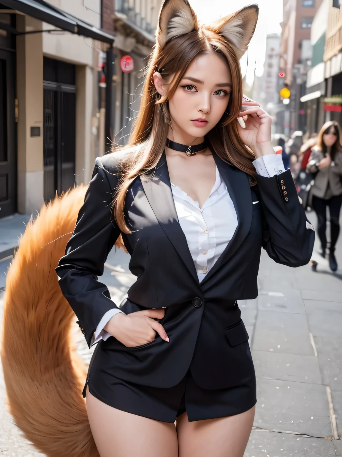 ((highest quality, 32k)), ((masterpiece)), (Get used to it), Perfect Face, Fox Girl, Beautiful woman, public, There is a tail, she has a fox tail, She wags her fluffy tail, smile, collar, She wears a business suit, Beautiful hip line, A tail sticking out from a business suit, Large Breasts, Big Ass