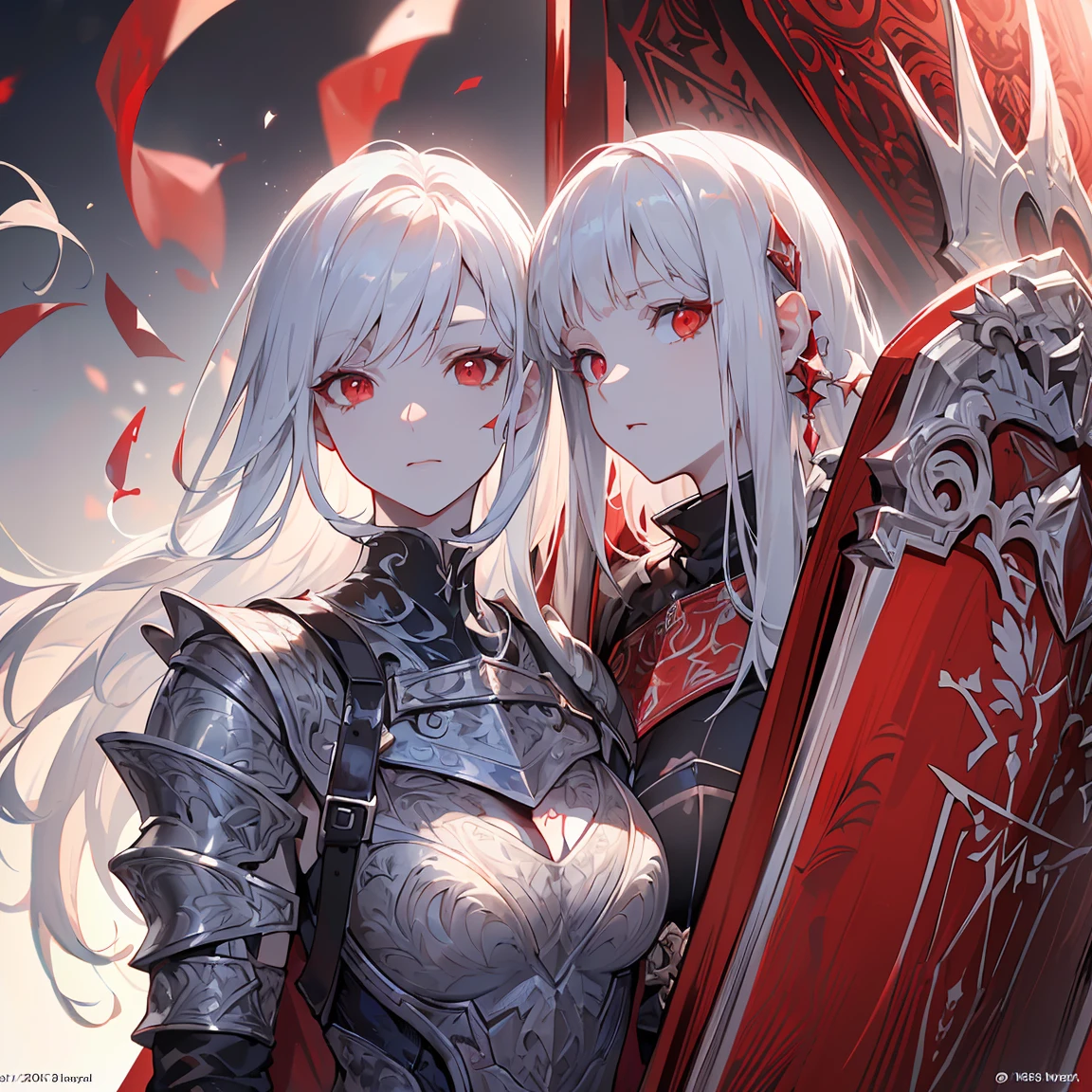 ((best quality)), ((masterpiece)), (detailed), perfect face, Albino warrior, ((long white hair, white skin, red eyes)), black magic sword, (Great sword engraved with red runes), crazy eyes, haggard cheeks, fantasy novel, 2 lady, ((Silver armor, gloves, and a shield with a pattern engraved on it))