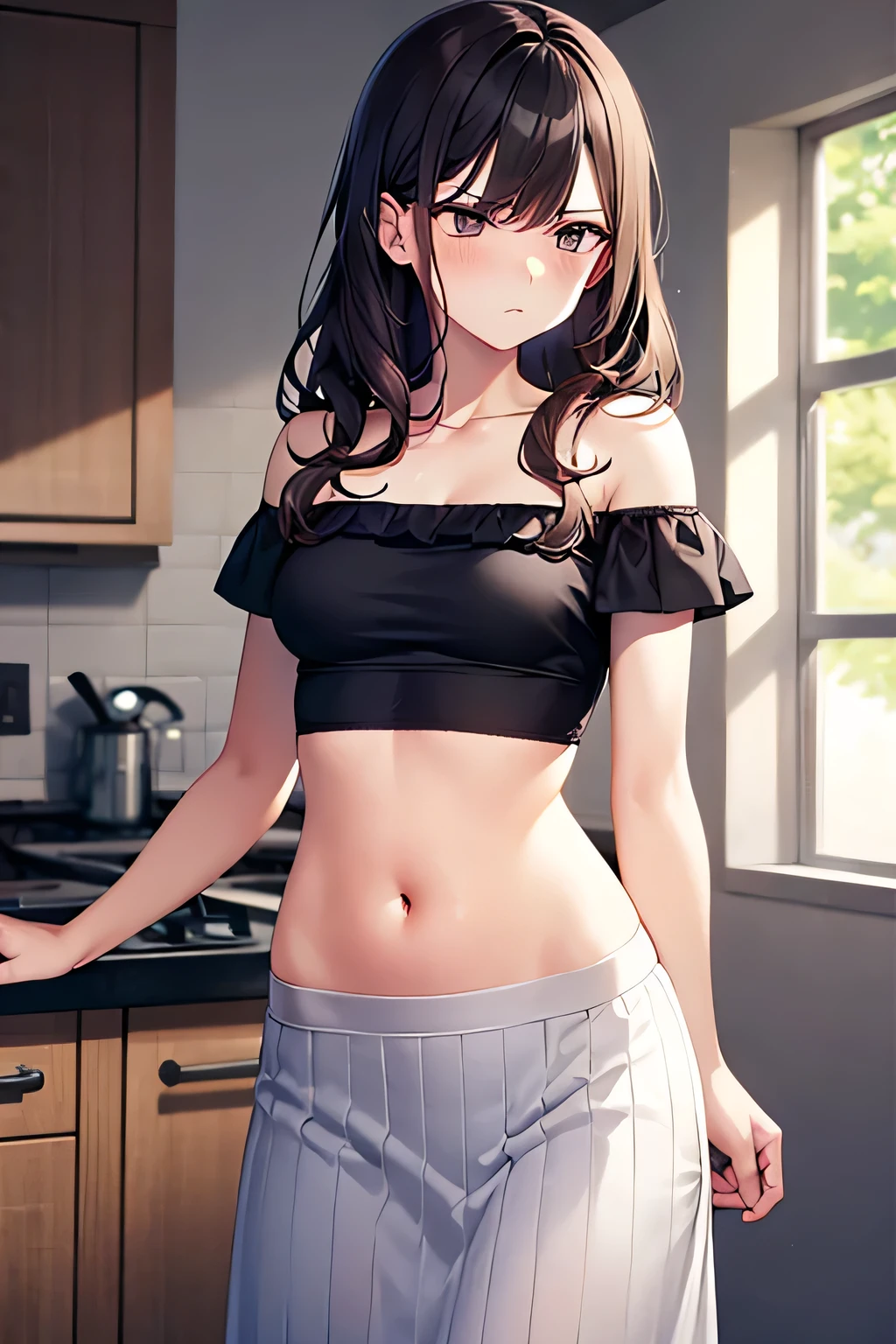 Male, boy, flat chested, femboy, very short fluffy brown wavy hair that goes down to his chin, big soft brown eyes, light skin, wide hips, plush ass, short denim shorts, loose fitting dark blue crop top, medium thick eyebrows, long lashes, bangs that that go down to his eyes, parting at each eye, no mucle defintion at all, flat stomach, soft body