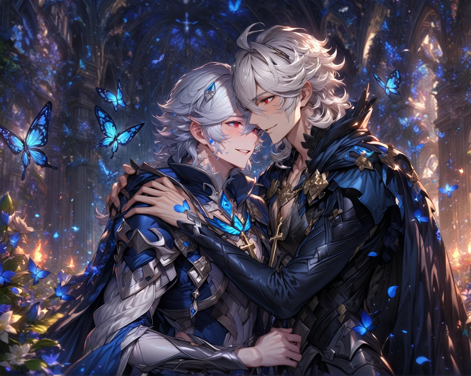 absurdres, highres, ultra detailed, HDR, master piece, best quality, Krozerus, white hair, spiked and messy hair, long hair, hair between the eyes, expressive red eyes, Dream and Legacy, Raviel, ash blonde hair, expressive blue eyes, two sexy men together, yaoi, gay couple, handsome, demon, angel, halo, slightly pointy ears, black horns, black cape, bare chest, toned chest, belt around his chest, silver jewelry, silver accessories, fantasy, shining, purple flowers, blossoms, magical, purple petals