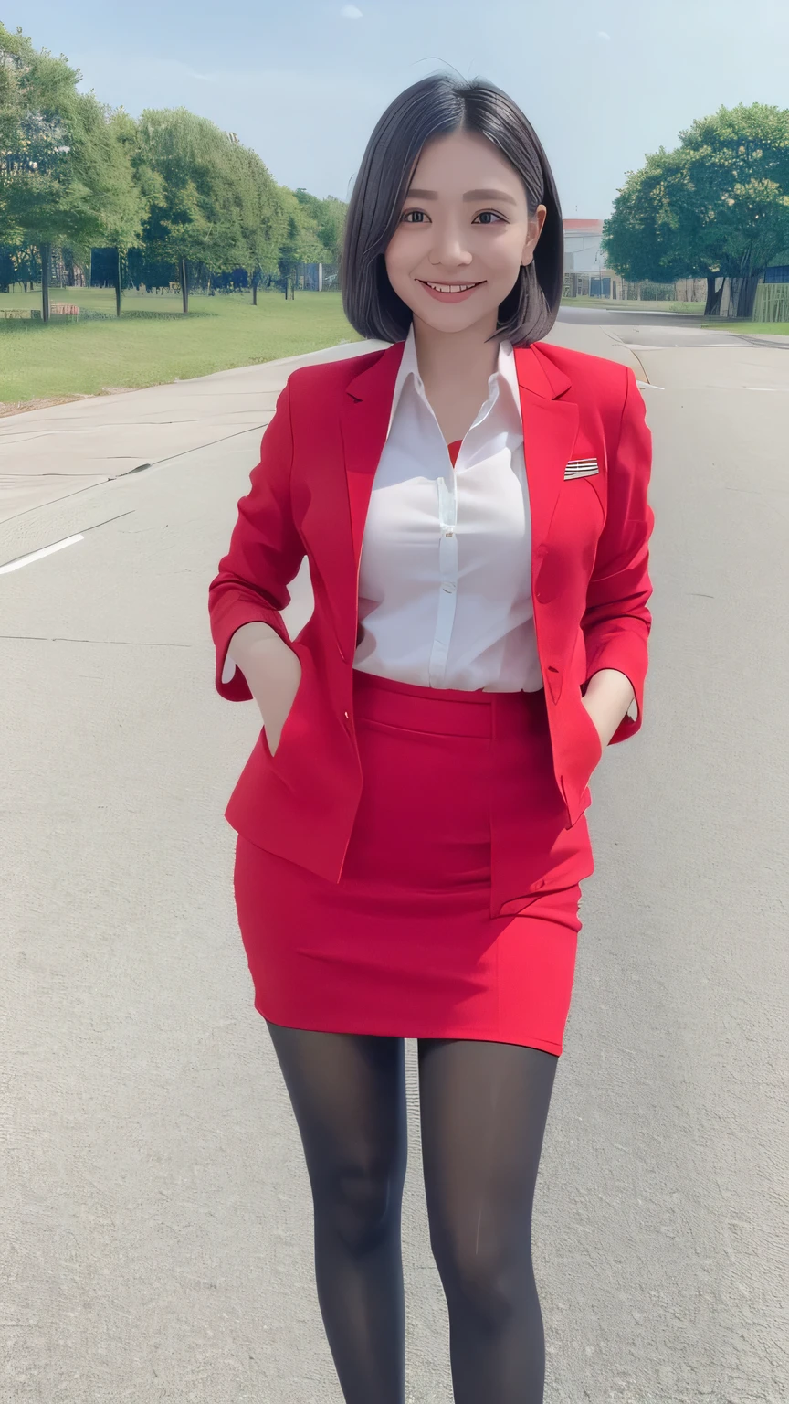 A woman in a red skirt and white shirt is standing on the street ...