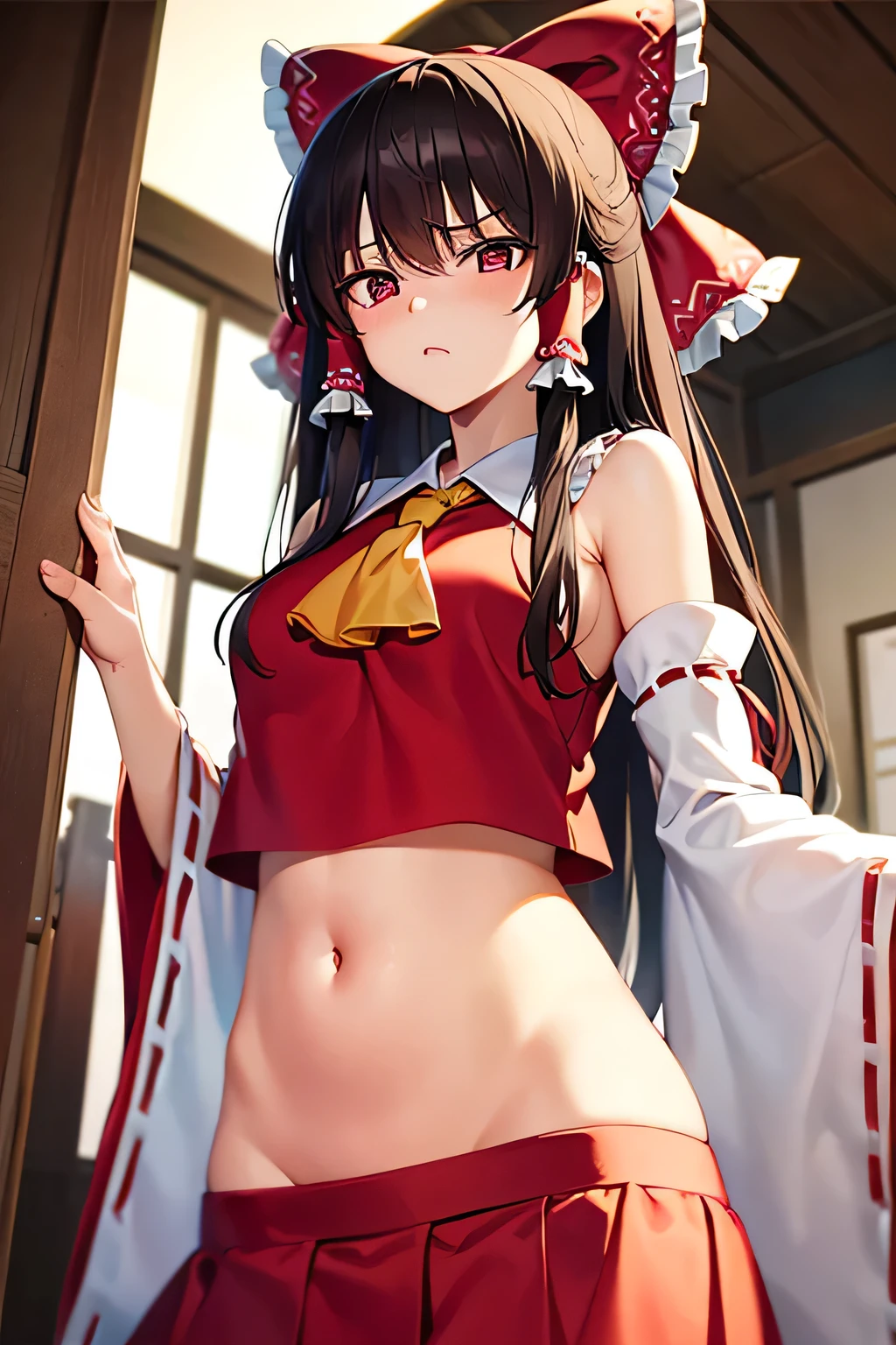 super fine illustration, vibrant colors, masterpiece, sharp focus, best quality, depth of field, cinematic lighting, ultra detailed, blush, annoyed, belly button, navel, tummy, crop top, shrine maiden, hakurei reimu, 1girl, hair bow, ascot, hair tubes, detached sleeves, looking down, red shirt, red skirt, very long hair, very messy hair, dark brown hair, indoors, mature woman, ,hakurei reimu, 1girl, hair bow, ascot, hair tubes, miko, detached sleeves, Reimu Hakurei,