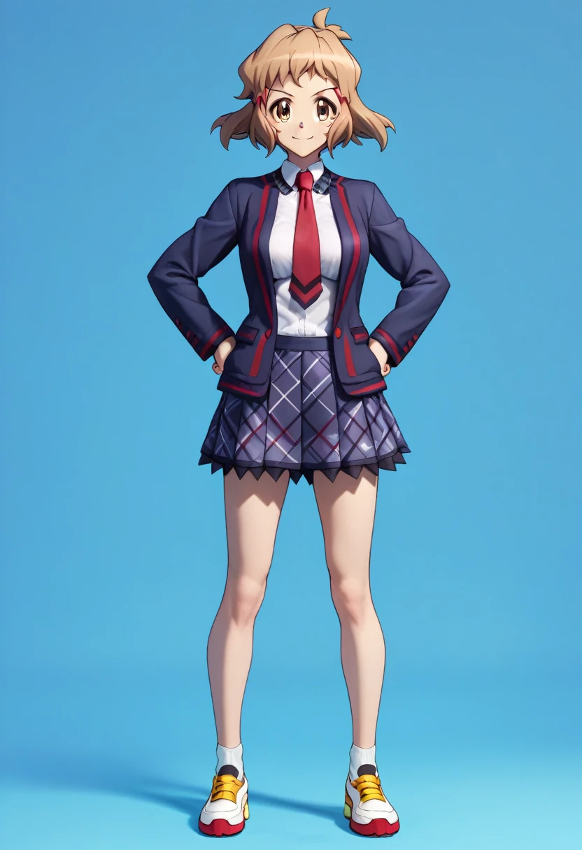  (((masterpiece))), (((Best quality))), (Very detailed), (full body), tachibana hibiki (symphogear), short hair, 1girl, brown hair, hairclip, brown eyes, school uniform, white shirt, red necktie, pleated skirt, open jacket, hands on hips, blazer, beautiful breasts, light smile,,