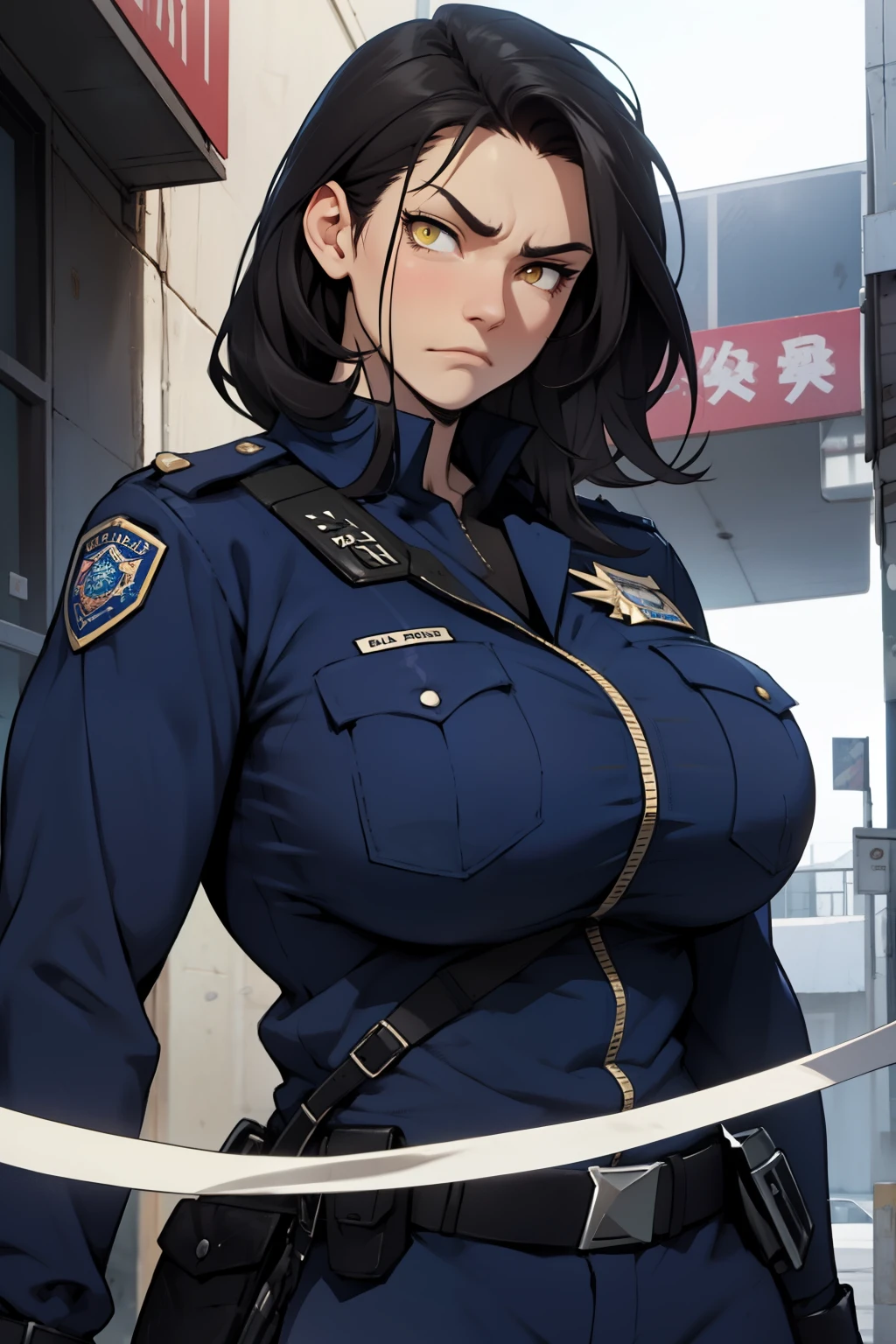 huge breasts huge breasts huge breasts muscular muscular muscular thick thick thick black hair yellow eyes pale skin female sad frown police police