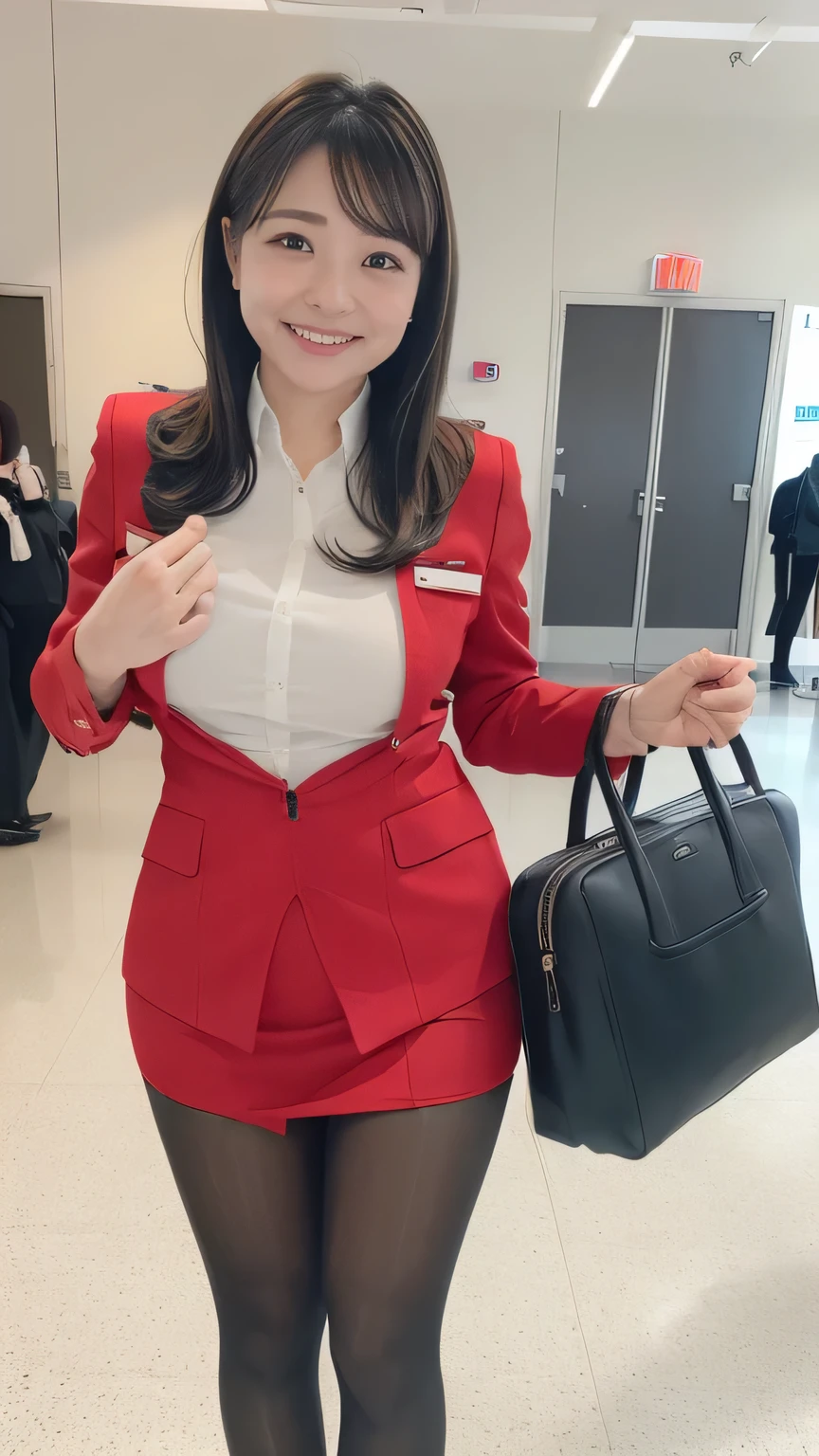 Best Quality、8k、masterpiece、Ultra-high resolution、Clear Photo、Professional Lighting、Natural Light、Realistic、Highly detailed skin、Perfect Anatomy、One Woman、 30、baball breasts、((Saggy breasts:1.4))、No bra、Short Bob Hair、Black Hair、Beautiful Hair、smile、(Squint your eyes and laugh:1.1)、((Red tight flight attendant uniform))、(Perfect Pantyhose、Black Pantyhose)、Airport Terminal、walk、(((Full Body Shot:1.2)))