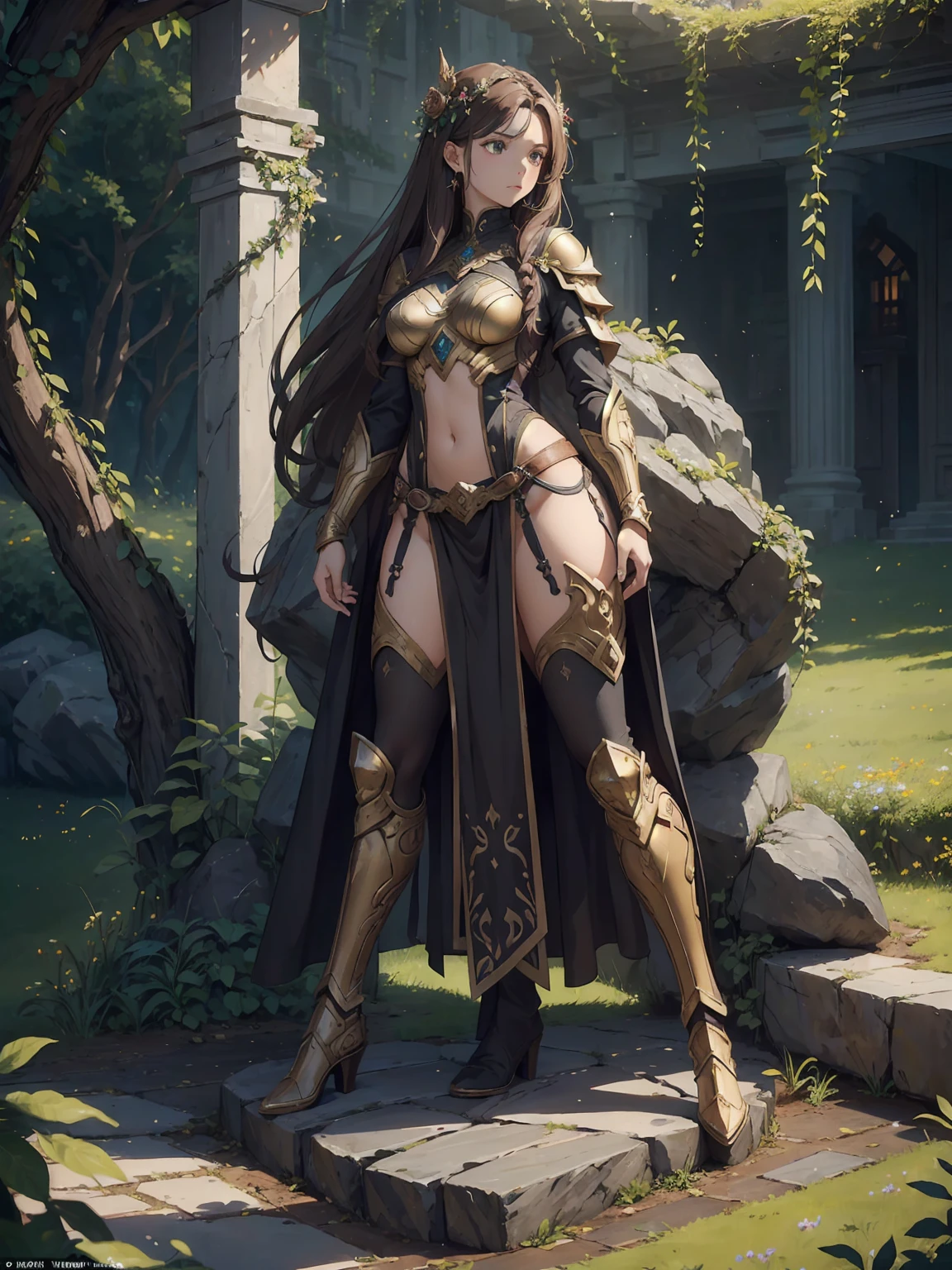 Furry cat girl with a ponytail, (cat-like tail), seductively exploring a medieval fantasy castle, revealing a highly detailed face and captivating eyes, dressed in provocative micro armor, visible navel, surrounded by vibrant and colorful scenery, rendered in stunning 4k quality.
