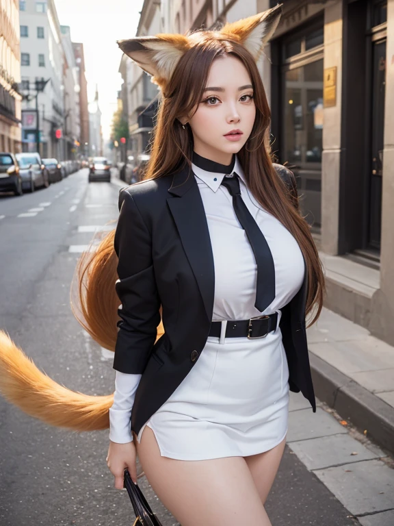 ((highest quality, 32k)), ((masterpiece)), (Get used to it), Perfect Face, Fox Girl, Beautiful woman, public, There is a tail, she has a fox tail, She wags her fluffy tail, smile, collar, She wears a business suit, Beautiful hip line, A tail sticking out from a business suit, Large Breasts, Big Ass