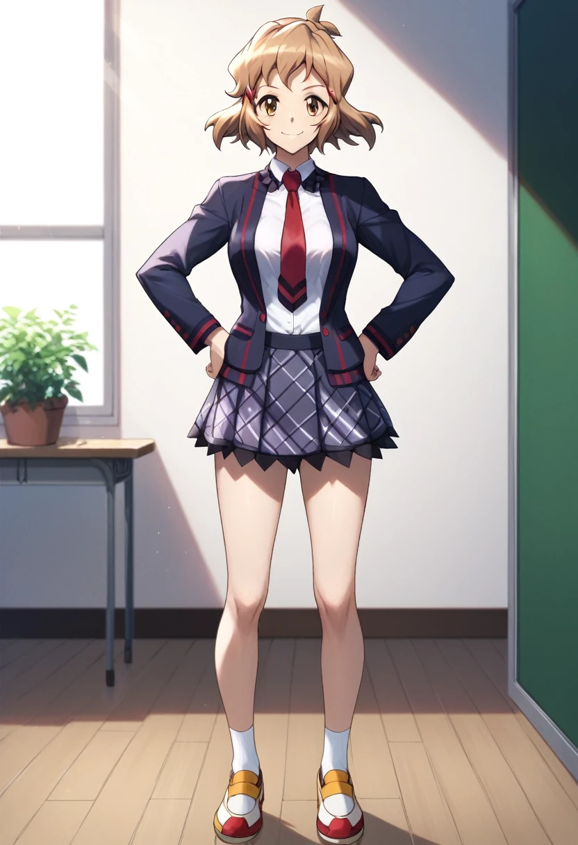  (((masterpiece))), (((Best quality))), (Very detailed), (full body), class room, tachibana hibiki (symphogear), short hair, 1girl, brown hair, hairclip, brown eyes, school uniform, white shirt, red necktie, pleated skirt, open jacket, hands on hips, blazer, beautiful breasts, light smile,,