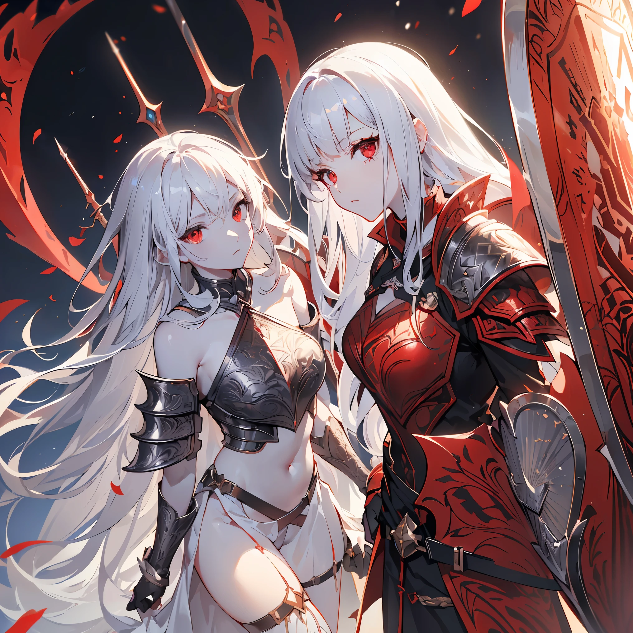 ((best quality)), ((masterpiece)), (detailed), perfect face, Albino warrior, ((long white hair, white skin, red eyes)), black magic sword, (Great sword engraved with red runes), crazy eyes, haggard cheeks, fantasy novel, 2 lady, ((Silver armor, gloves, and a shield with a pattern engraved on it))