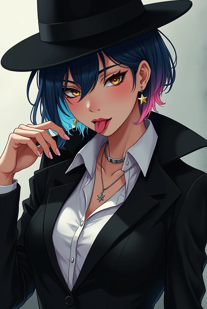 Cool Woman、Blue hair、The right eye is hidden by bangs、Smoking cigarettes、punk fashion、top-quality、Plain background
