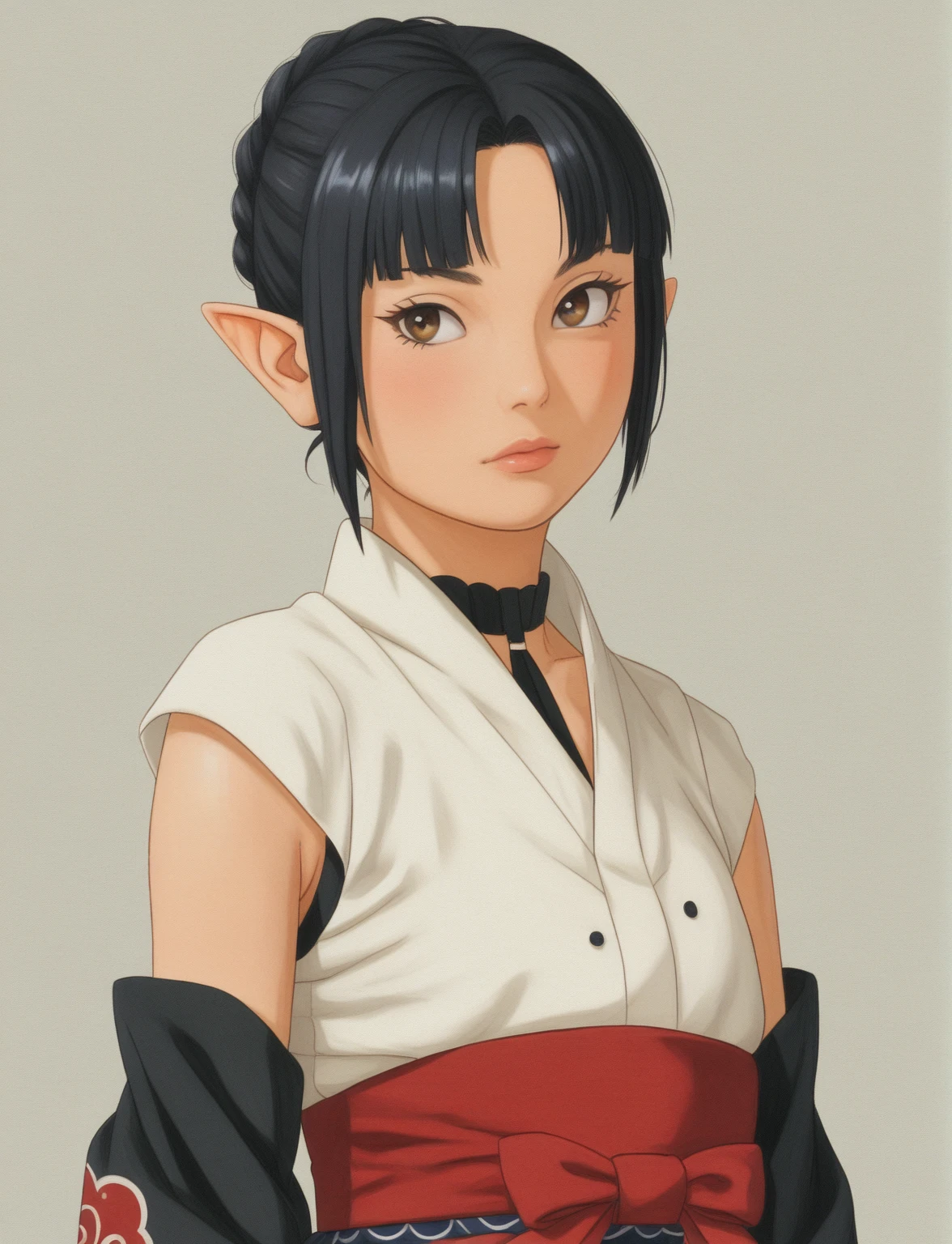 Create a digital illustration of a female character with elf ears with round dots instead of eyebrows. For the hairstyle, she should have black hair styled into a single bun at the back of her head, complemented by asymmetrically chopped bangs that transition into a long lock on one side. Her outfit should match short hakama with detached sleeves and frills under the shorts and the sleeves, in a gothic style, featuring intricate white lace patterns, detailed cutouts, and a white obi with a black seigaiha black pattern. The upper part of the outfit should be a sleeveless kimono blouse. The outfit should include layered skirts and ribbon details to emphasize a similar aesthetic. Add a muted background that complements her striking attire and hairstyle. Artwork in the style of guweiz, digital art inspired by the style of Ilya Kuvshinov.