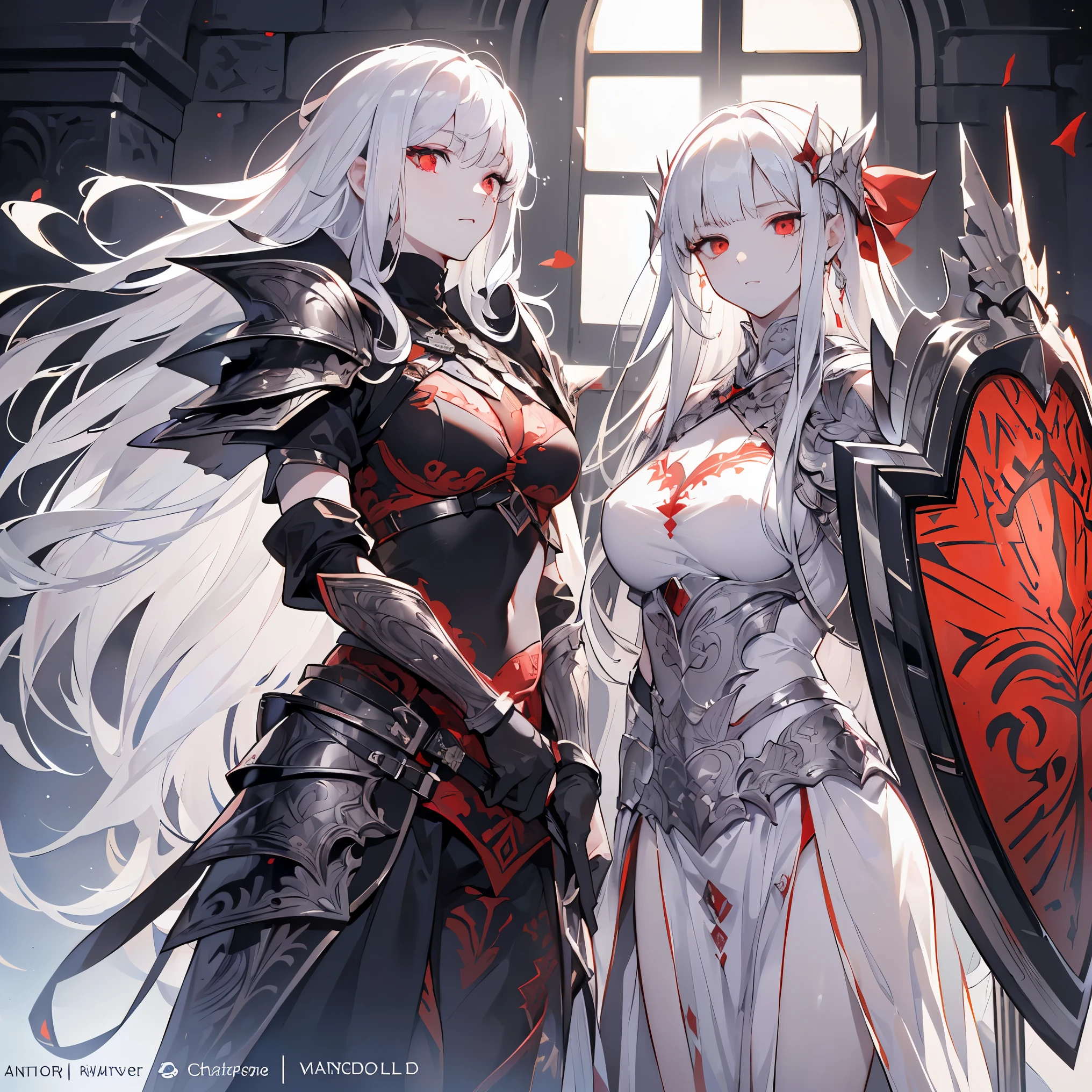 ((best quality)), ((masterpiece)), (detailed), perfect face, Albino warrior, ((long white hair, white skin, red eyes)), black magic sword, (Great sword engraved with red runes), crazy eyes, haggard cheeks, fantasy novel, 2 ladies, ((Silver armor, gloves, and a shield with a pattern engraved on it))