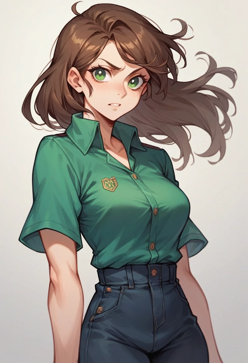 ((, Masterpiece: 1.5, best quality, high resolution: 1.3, super resolution, super detailed, ultra detailed: 1.3, Perfect Anatomy:1.5, 1 woman ) dark skin + long wavy brown hair + emerald green eyes + long eyelashes + feminine figure + medium chest + wide hips + dark circles + freckled cheeks (wide shirt, skin on her shoulders shown,) ((adorable open eyes, friendly cute expression))