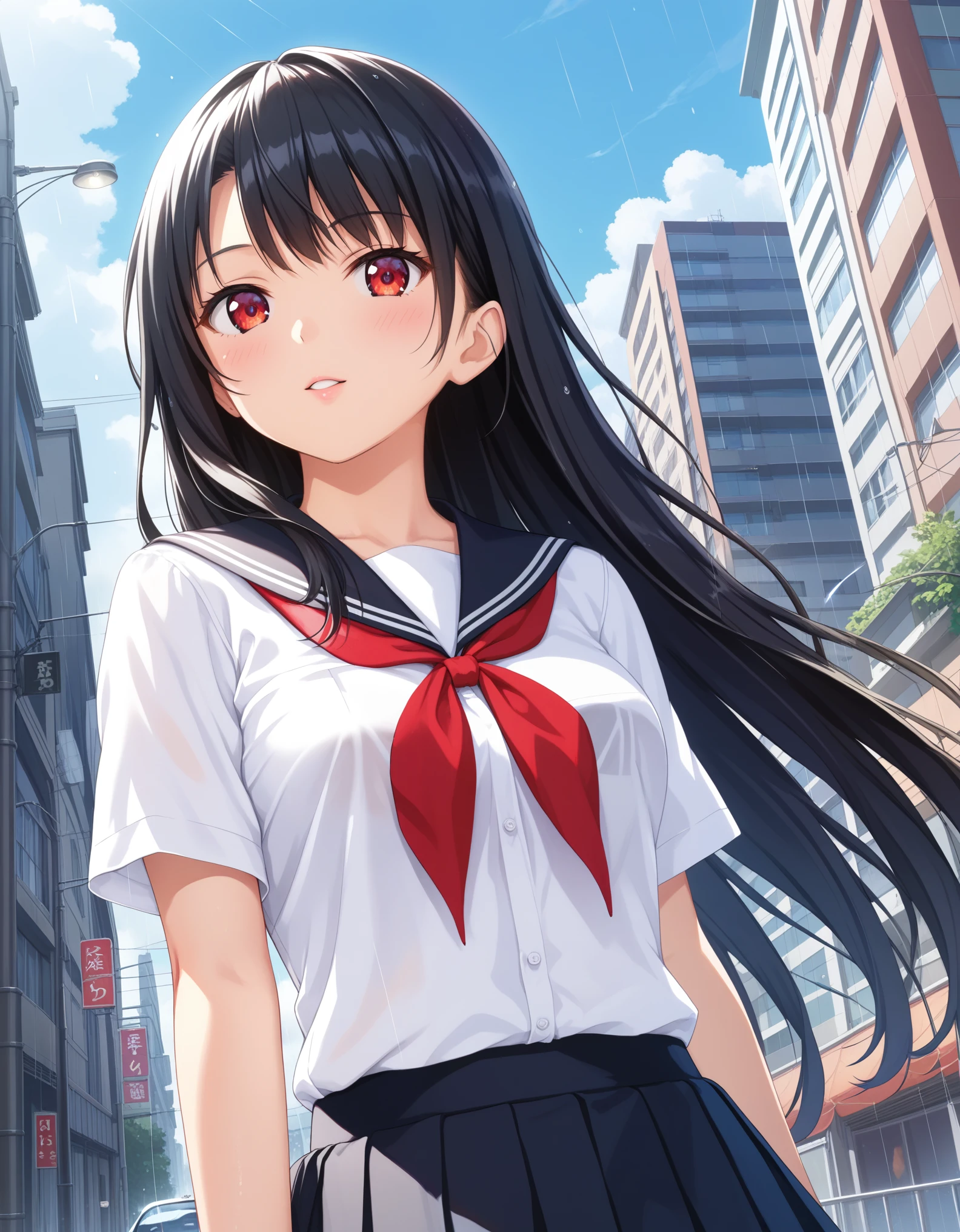 score_9, source_anime, anime_coloring, anime_screencap, rating_sfw, newest,
masterpiece, amazing quality, best quality, detailed, absurdres, illustration, game_cg, intricate, an extremely delicate and beautiful,
1 girl, cute, perfect anatomy, red eyes, pettier,
black hair, very long hair,
white shirt, black skirt, school uniform,
close-up, from below, upper body, 
city, street, rain, 
standing,