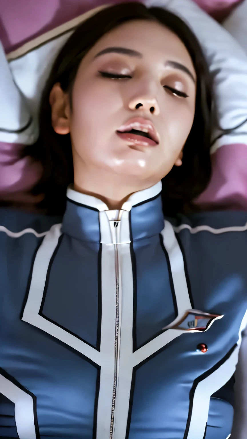 (Best Quality, 8k, 32K, masterpiece, Ultra-high resolution:1.2),Beautiful Japanese Women Photos, 40 years old、Slim figure、(Big Breasts:1.4)、(From above)、(Straight black hair), (One Japanese woman、Hypnotized、Lying on the bed、Closed eyes、Open your mouth), (((Ultra Guard uniform and pants)))