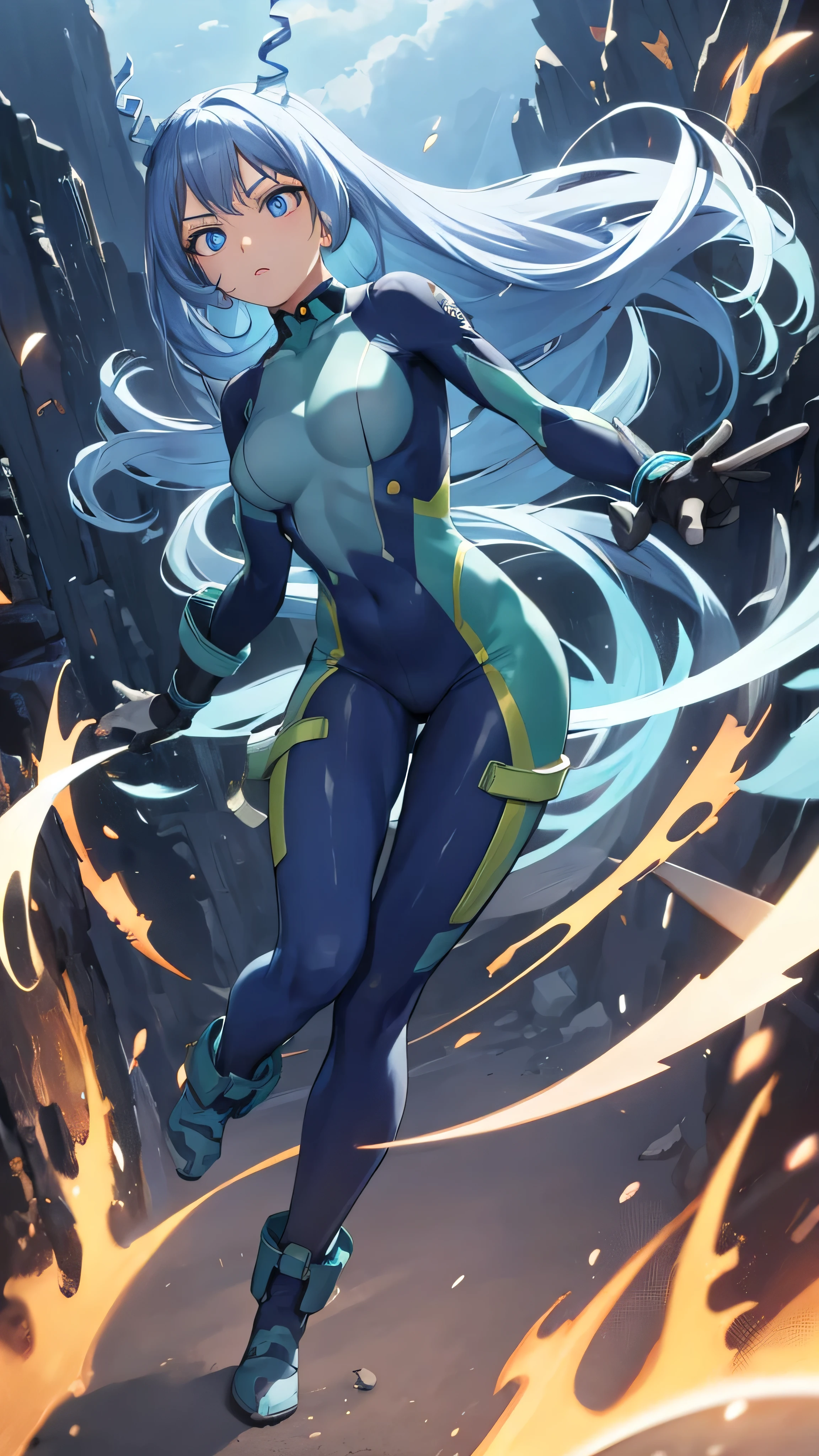 Nejire Hadou, blue eyes, blue hair, long hair, drill hair, blue bodysuit, multicolored bodysuit, yellow gloves, gloves, full body, in the air, fighting pose, mountains visible below, dynamic action, wind in hair, intense expression, BREAK (masterpiece:1.2), best quality, high resolution, unity 8k wallpaper, (illustration:0.8), (beautiful detailed eyes:1.6), extremely detailed face, perfect lighting, extremely detailed CG, (perfect hands, perfect anatomy), dramatic lighting, powerful atmosphere, cinematic scene.