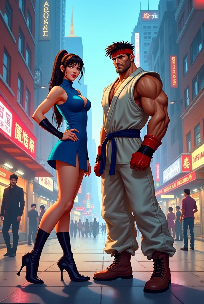 With anime-style drawings、Chun-Li is suffering after being punched in the stomach by a strong man.。