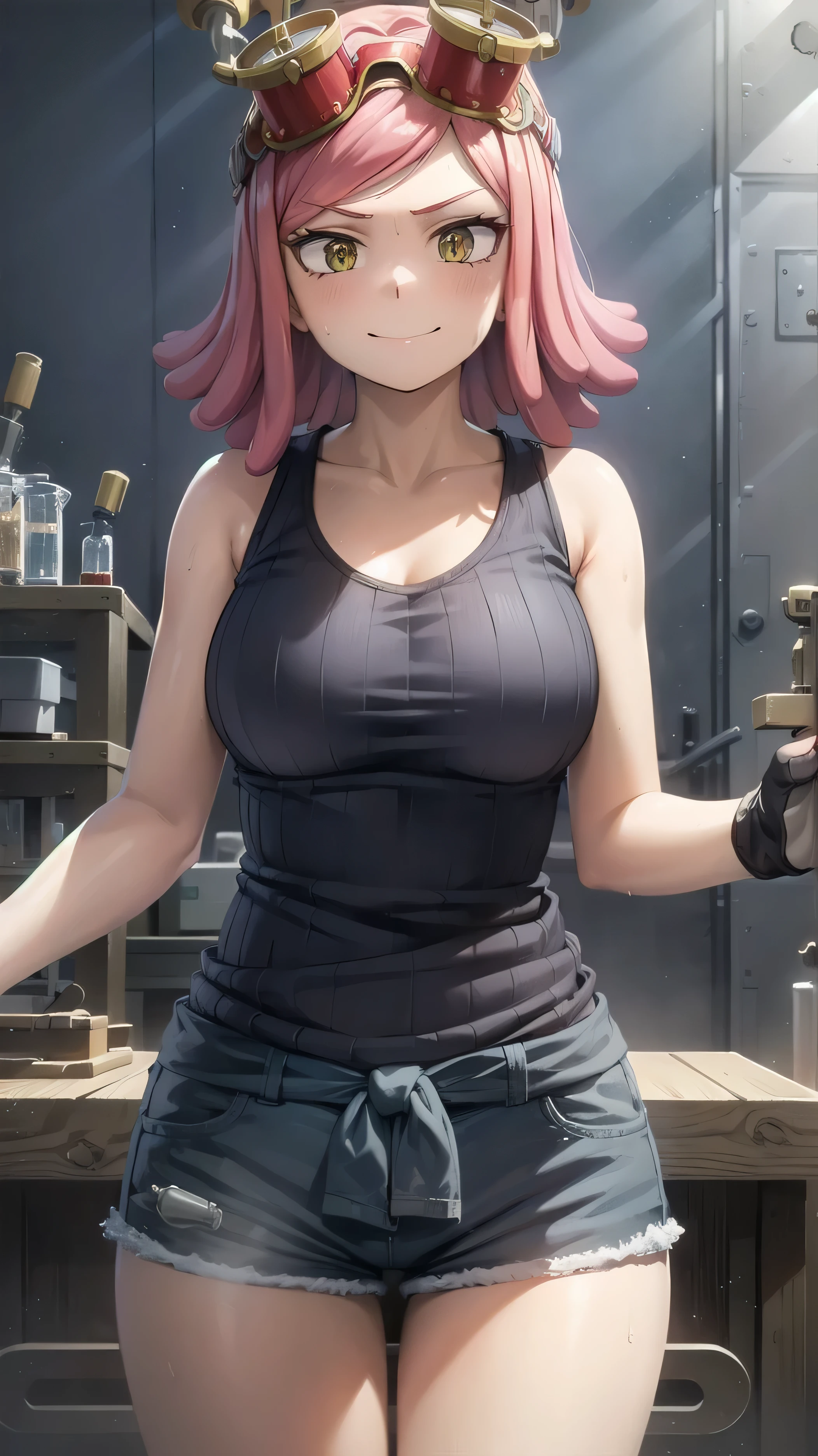 Hatsume Mei (MHA), 1girl, solo, pink hair, short hair, goggles on head, tank top, shorts, bangs, symbol-shaped pupils, yellow eyes, happy, looking at viewer, smiling, looking at the viewer, working in a lab, building machines, surrounded by tools and mechanical parts, blue theme, blue background, industrial setting, sunlight shining through windows, sweat, focus, determined expression, exposed collarbone, strong arms, energetic atmosphere.