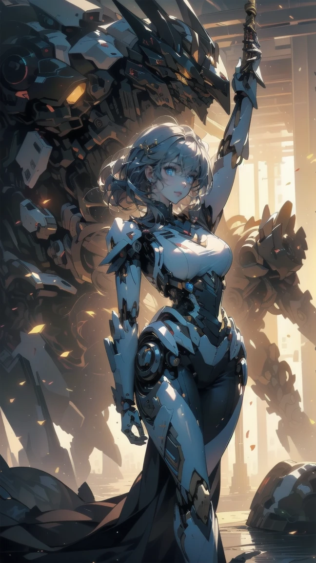 Highest quality, Very detailed, Very detailed詳細, The finer details, Very beautiful, robot, Beautiful and intricate eyes and mechanical body), (Mechanical joints, Mechanical Limbs:1.3), Mechanical Skin, (Exposure of internal machine structures:1.2), (Red long hair), (Mechanical bodysuit), cowboy_shot, Side Focus, Shiny, flat_chest, Huge_chest, wide_Waist, (Put your arms behind your head, Underarm), Open Stance, Cyberpunk City, Highly detailed art, Sword in hand,