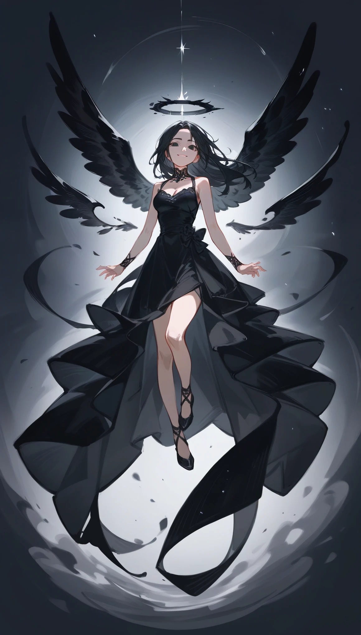 1 girl, solo, long black hair, black eyes, medium breasts, black gown, black halo, black angelic wings, dangerous smile, sketch, full body, black mist, death magic. floating