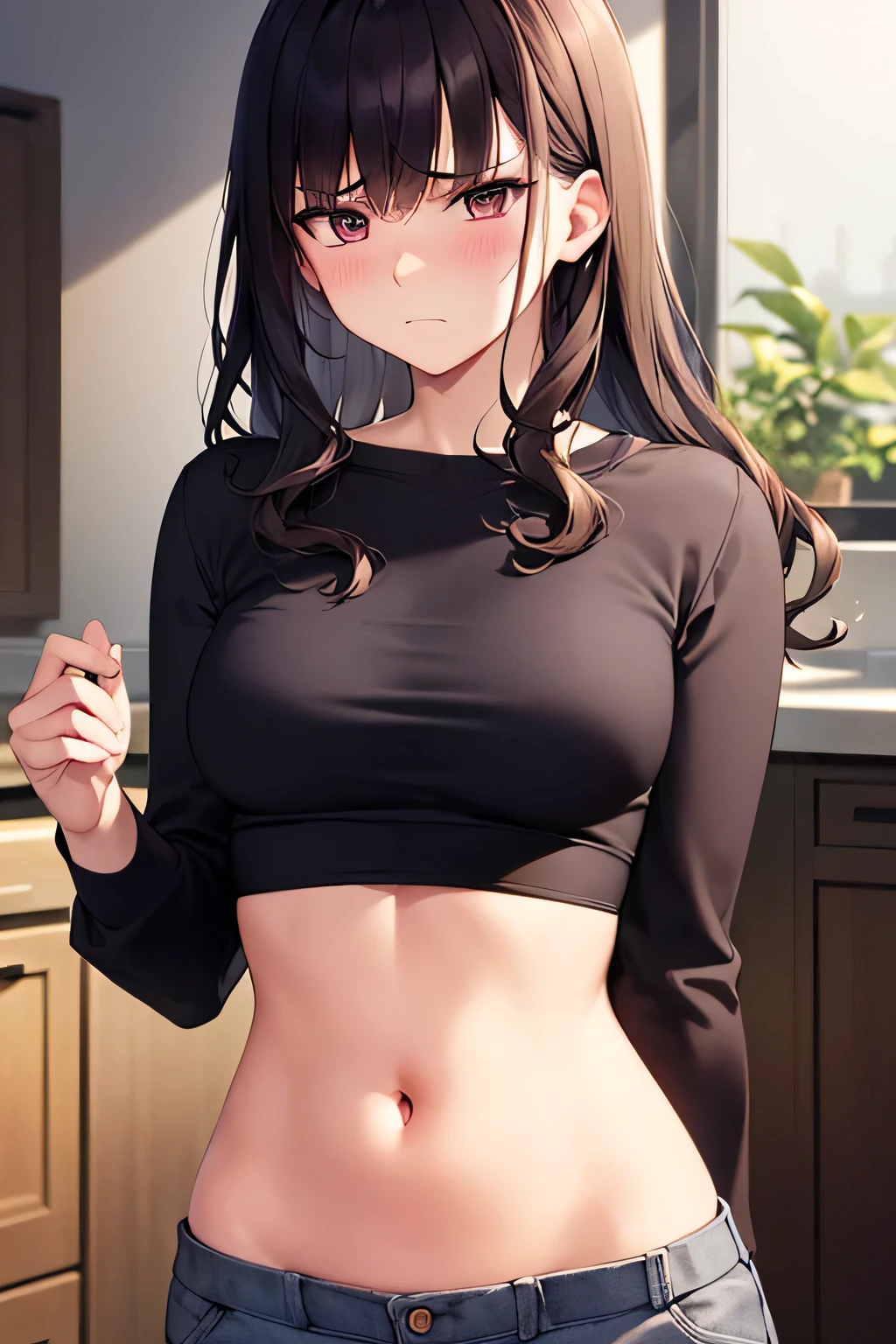 super fine illustration, vibrant colors, masterpiece, sharp focus, best quality, depth of field, cinematic lighting, ultra detailed, crop top, long sleeves, long pants, navel, tummy, 1 woman, solo, milf, slender, blush, annoyed, mature female, tall woman, looking down, dark hair, long hair, annoyed, curly hair, pink shirt, small breasts, indoors, kitchen, belly, bellybutton, belly button, hand on stomach, 