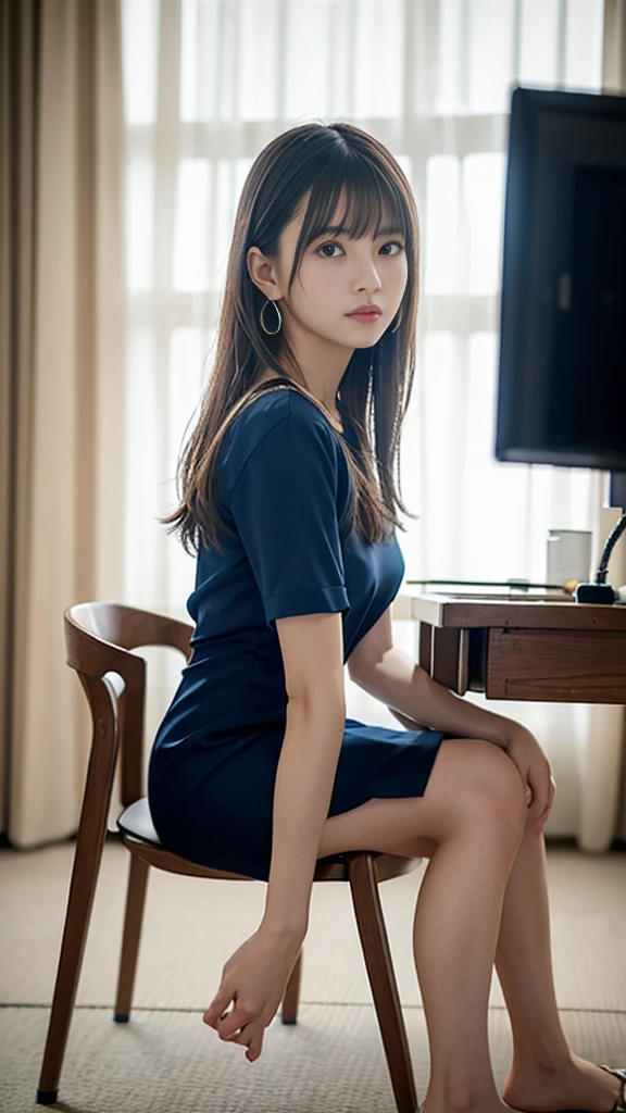 highest quality, masterpiece, High resolution, Photorealistic, RAW Photos, 8k wallpaper, perfection, Professional and bright lighting, Very detailed,(Big Breasts),(Tight waist),(Thin and beautiful legs), whole body, ((View your viewers)), Detailed face, Beautiful Eyes,Neat clothes,Sleeveless dress with buttons on the chest,Dressed like a female announcer,(Lifting the hem of her skirt to show off her vagina),Spread your legs out to the side,On the bed,Braid,Ecstasy facial expression
