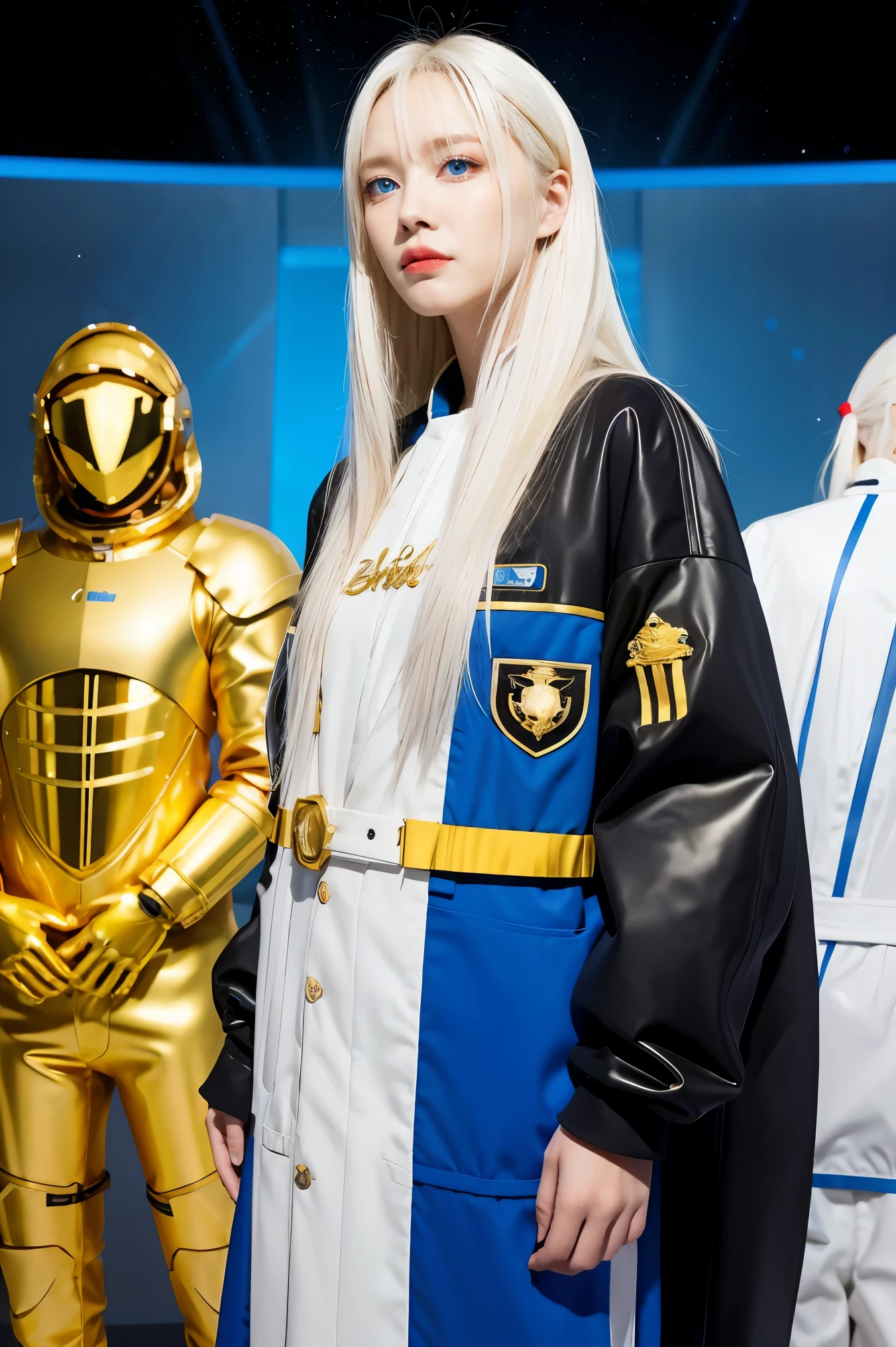 Woman with ,golden white hair,Blue eyes,,,black spacesuit