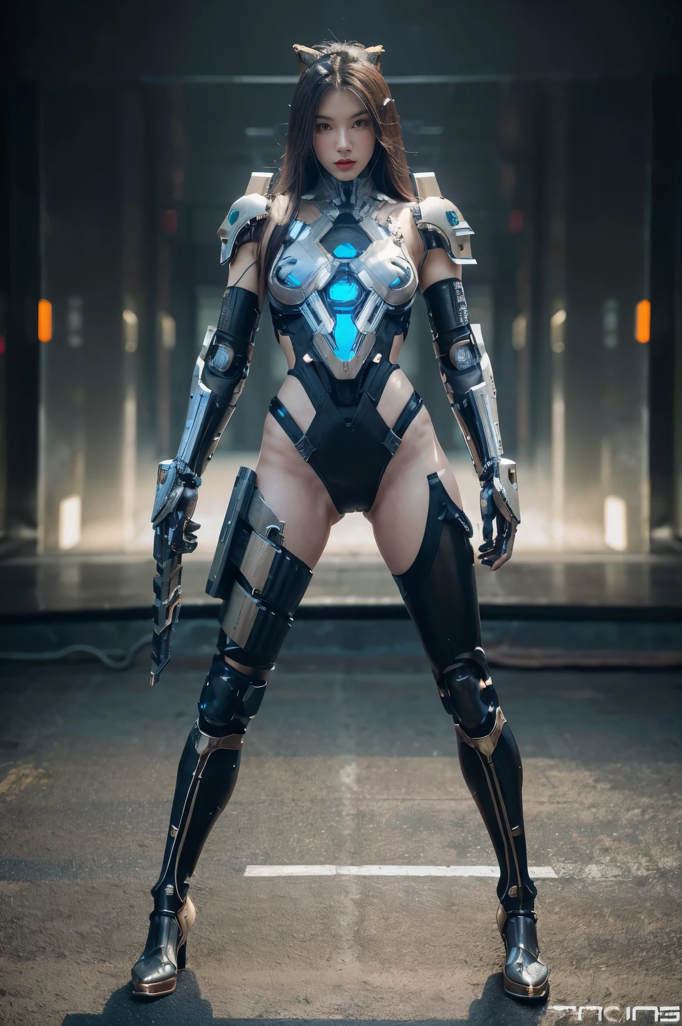 1 girl, alone, Wearing a mechanical suit, Mechanical wonders, cyberpunk, Cybernetics Guardians, Armor of the future, full body, front pose, symmetrical, complicated (Metal Iron [rust]), joint, Warframe Style, Cyborg, Male body and armor, Chainsaw Man 