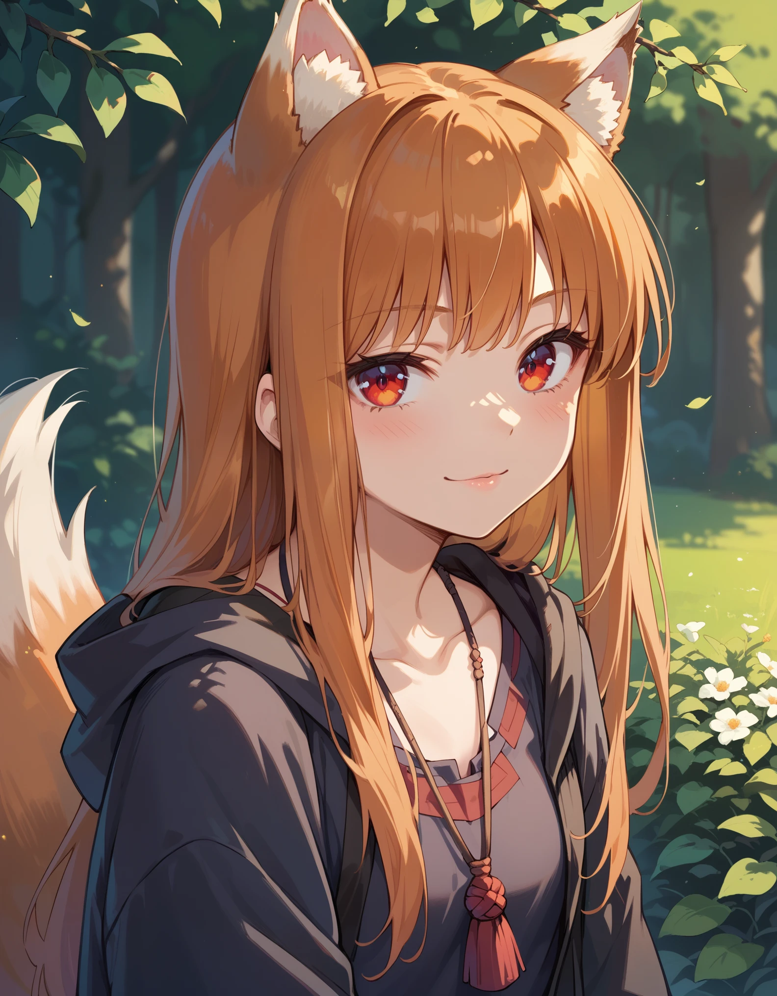 score_9, score_8_up, score_7_up, score_6_up, holo, 1girl, wolf ears, long hair, solo, red eyes, ginger hair, wolf tail,