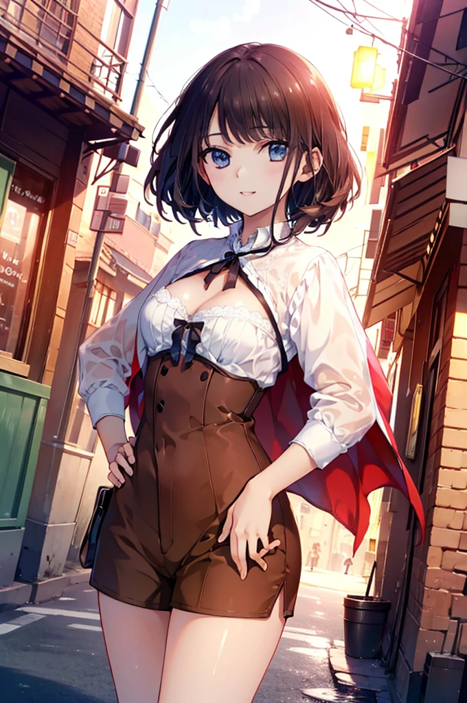 (Best Quality,4K,8k,High resolution,masterpiece:1.2)、Pure white background、Transparent Background、Medieval European streets、Highly detailed eyes and face、 Beautiful attention to detail、 Light on the face (((One girl)))、、Slim body、Small breasts、Anatomically correct、Correct limbs、Brown Hair、wavy hair、Standing upright、hand on hip、cowboy shot、looking at viewer、front view、Brown peasant blouse、Brown shorts、Cleavage、smile、Thigh-length socks、Peasants of Medieval Europe