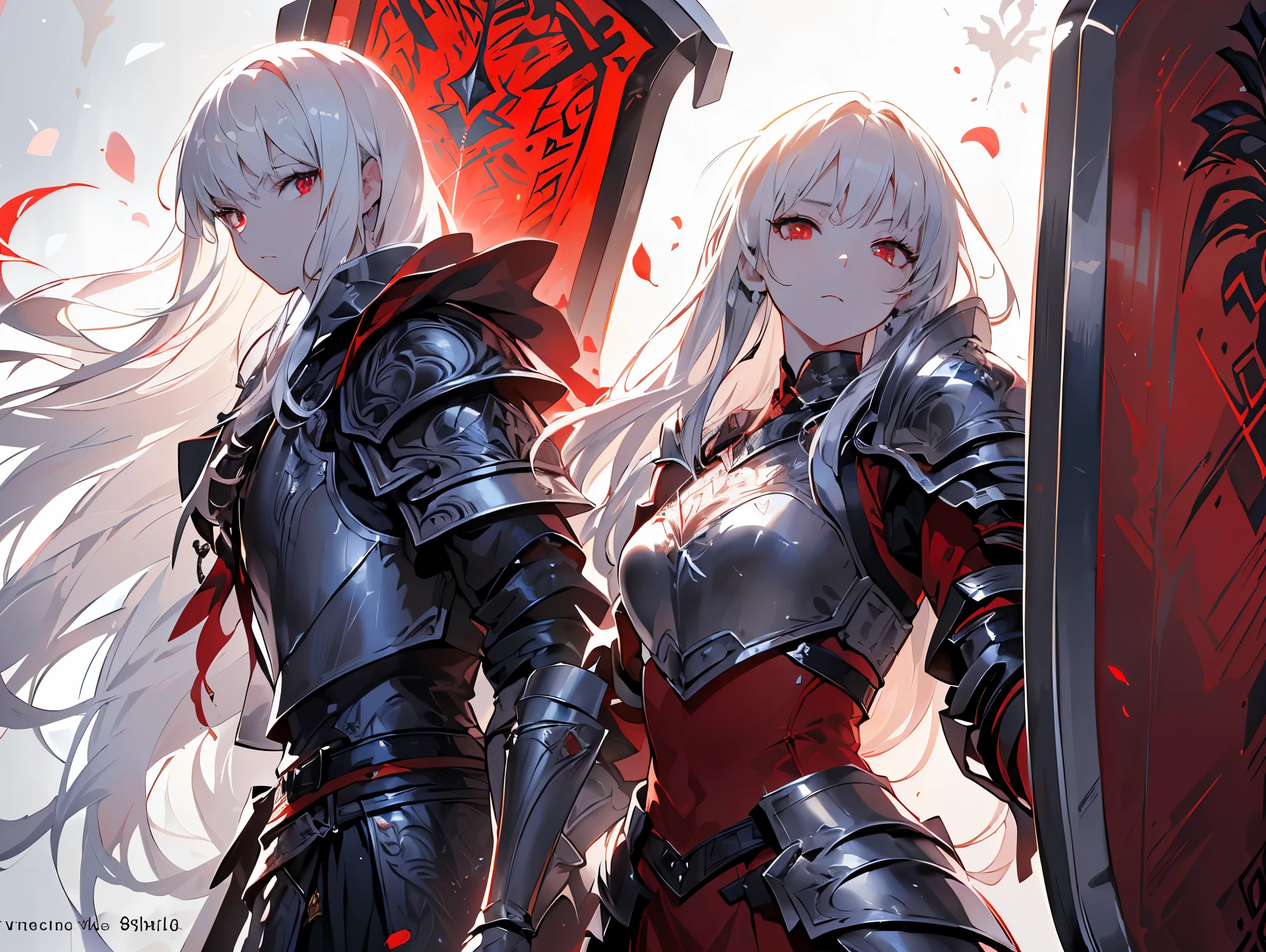 ((best quality)), ((masterpiece)), (detailed), perfect face, Albino warrior, ((long white hair, white skin, red eyes)), black magic sword, (Great sword engraved with red runes), crazy eyes, haggard cheeks, fantasy novel, 2 ladies, ((Silver armor, gloves, and a shield with a pattern engraved on it))