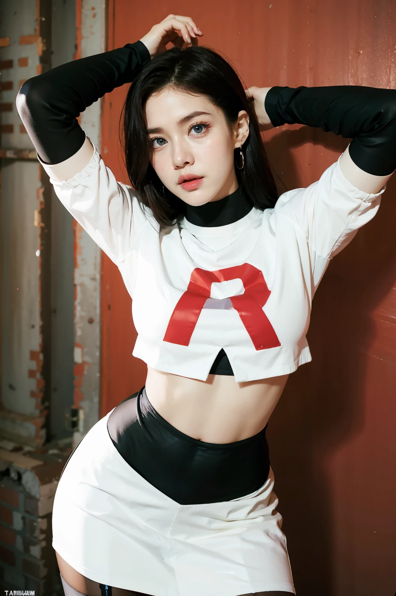 brandygordon, team rocket,team rocket uniform, red letter R, white skirt,white crop top,black thigh-highs, black elbow gloves,