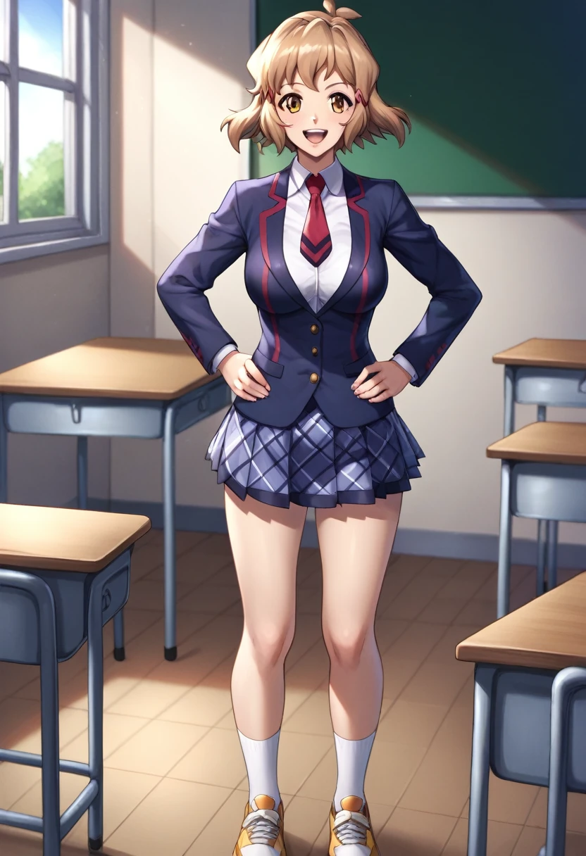  (((masterpiece))), (((Best quality))), (Very detailed), (full body), classroom, sitting on a chair, tachibana hibiki (symphogear), short hair, 1girl, brown hair, hairclip, brown eyes, school uniform, white shirt, red necktie, pleated skirt, open jacket, hands on hips, blazer, beautiful breasts, happy,,