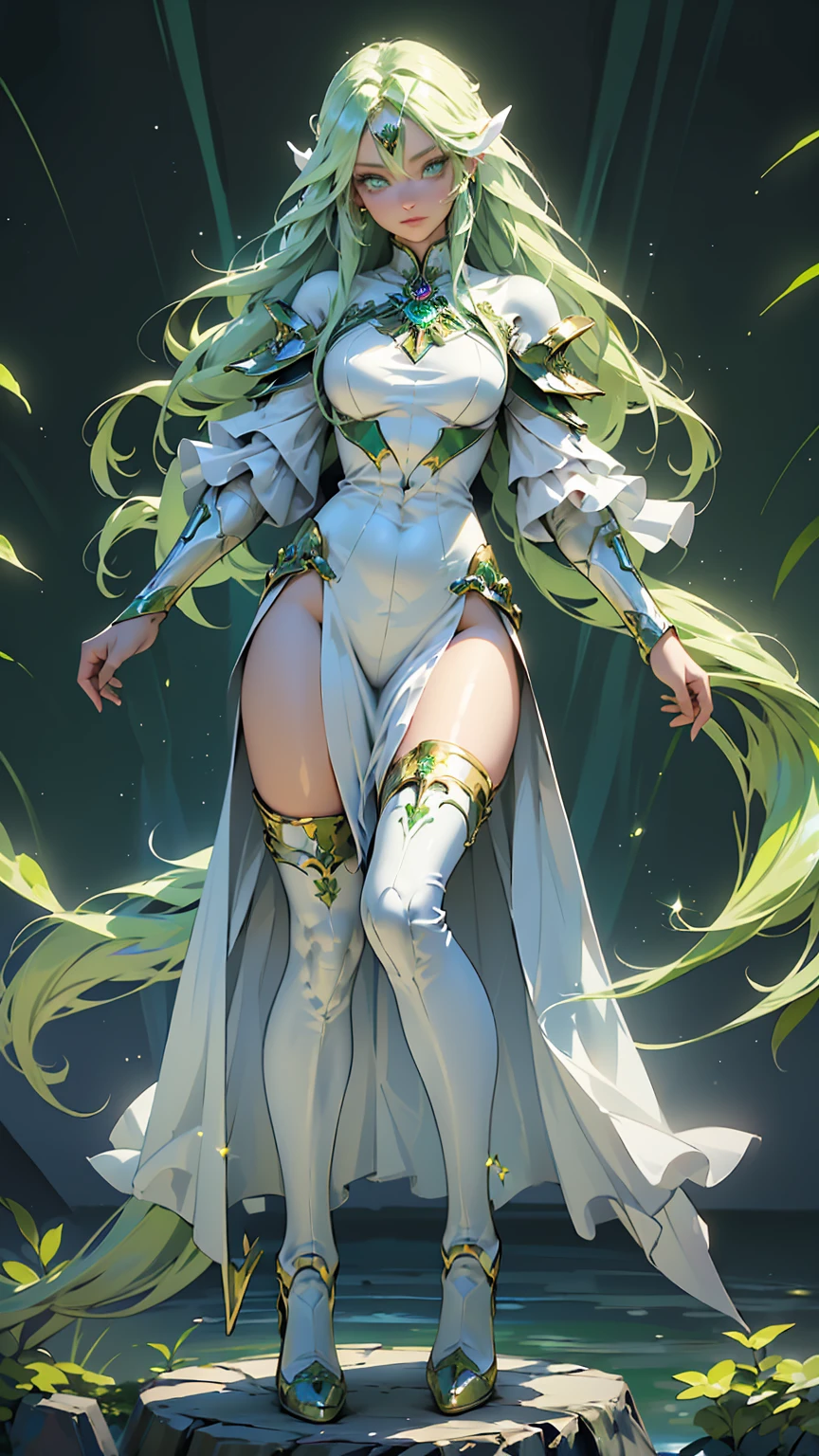 (A complex green-haired woman,Mecha joints and wing radiation, Quiet and dignified, Standing in the water), High-res, Ultra-detailed, Realistic, Vibrant colors, Bokeh, Studio lighting.