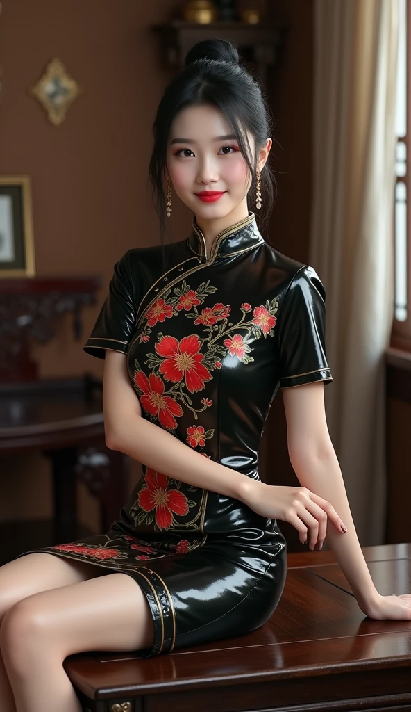 very cute girl, super cute face,clear attractive eyes, detailed Beautiful eyes,smiling,(realistic photograph), Super shiny metallic gorgeous vivid colored latex long sleeves cheongsam,  chinese phoenix   pattern design cheongsam,
Costume lighting,in the street 