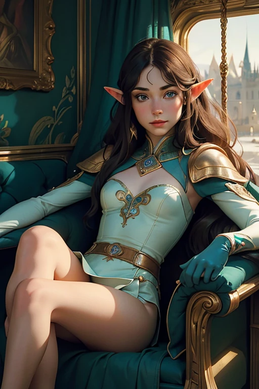 a beautiful detailed female elf, margott kidder as model, sitting inside royal carriage, legs crossed, exquisitely sensual expressive look, highly detailed, masterpiece, best quality, ultra-detailed, intricate, anatomy, precise, realistic, photorealistic, dramatic lighting, cinematic, fantasy, fairytale, elegant, regal