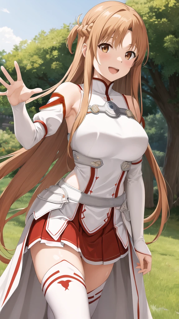 stacia, asuna, asuna_\(sao\), 1girl, fantasy, highres, looking_away, looking_to_the_side, original, realistic, scenery, close_up, upper_body, smiling, solo, (potruding nipple:1.2), long hair, (huge breasts:1.3), looking at viewer, smile, open mouth, bangs ,detailed eyes, beautiful background, (summer, beach), hands on the chest, orange hair, thighhighs, gloves, dress, (cleavage:1.4), bare shoulders, brown eyes, very long hair, standing, (full body:1.5), white gloves, white dress, armor, white thighhighs, garter straps, fantasy, white armor, abec, nsfw