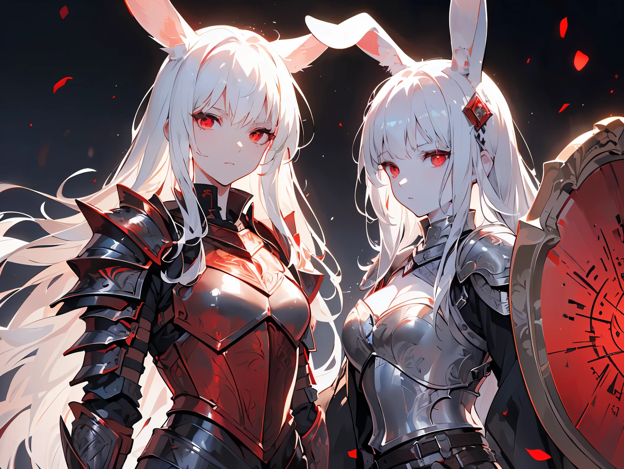 ((best quality)), ((masterpiece)), (detailed), perfect face, Albino warrior, ((long white hair, white skin, red eyes)), black magic sword, (Great sword engraved with red runes), crazy eyes, haggard cheeks, fantasy novel, 2 ladies, ((Silver armor, gloves, and a shield with a pattern engraved on it)), rabbit ears, Baroque, cinematic lighting