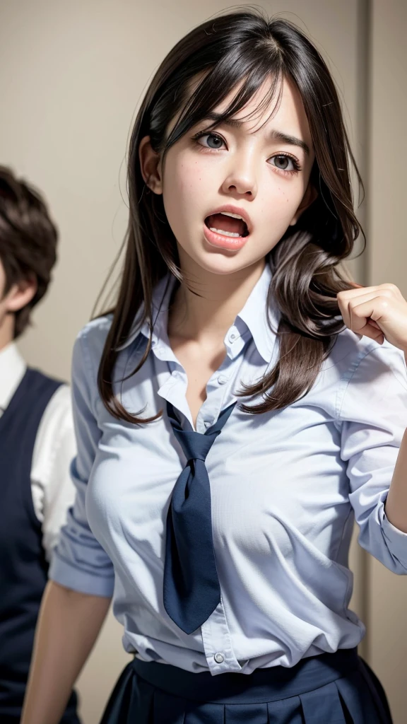 Beautiful innocent schoolgirl in disheveled clothes screaming with her mouth open in shame:1.2, Vivid and realistic, Middle-aged man breaks into women&#39;s restroom, Face close up, She tries to hide her panties with a mini shirt but it doesn&#39;t cover them, Being molested by a horny middle-aged man:1.3, Being verbally abused by a middle-aged man, A beautiful girl with a baby face like an idol, She is forced to expose her panties in front of a man and poses shyly with an expression of embarrassment and fear., Panties soaking wet with , A wavy, one-cut, layered princess cut:1.3, Confused by viewers&#39; lewd gazes, Ultra-high resolution, 2k, Clear white skin, Slender body, Japanese, Anatomically correct