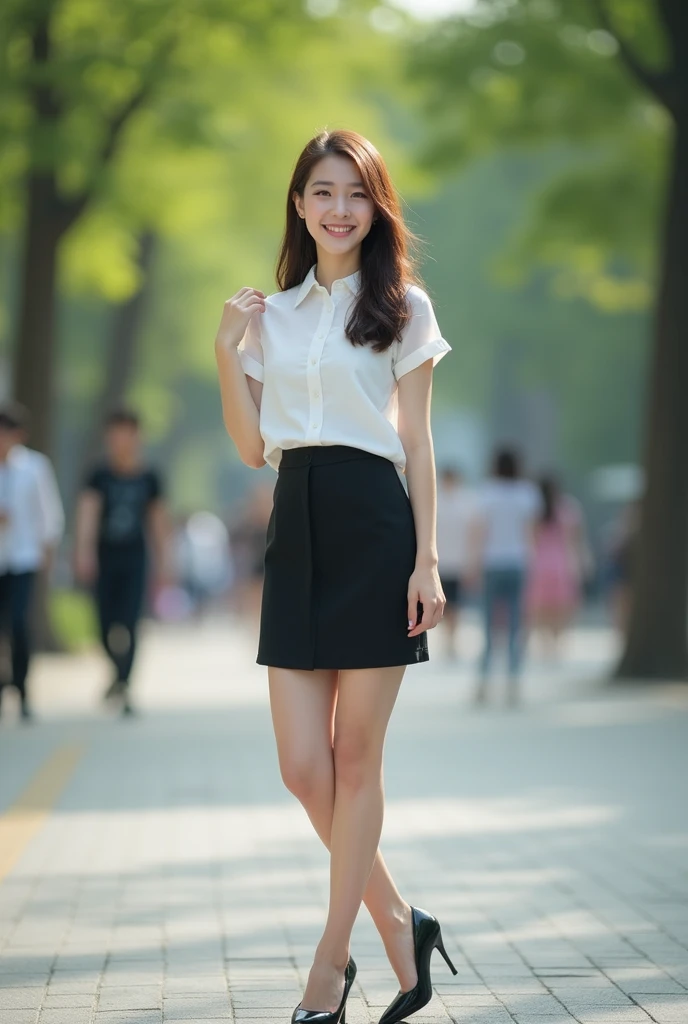 Office lady in Japanese bank clerk uniform、lunch、Walking around the city、smile、Tight mini skirt、masterpiece,best quality,ultra detailed,highres,high-resolution,4k,realistic,RAW photo,((real person)),portrait photography,photorealistic,detailed skin,(delicate black eyes ), A soothing woman with sagging eyes,Calm and calm, middle hair,skinny,clothing,The wind is blowing,tareme、7 heads、Beautiful legs