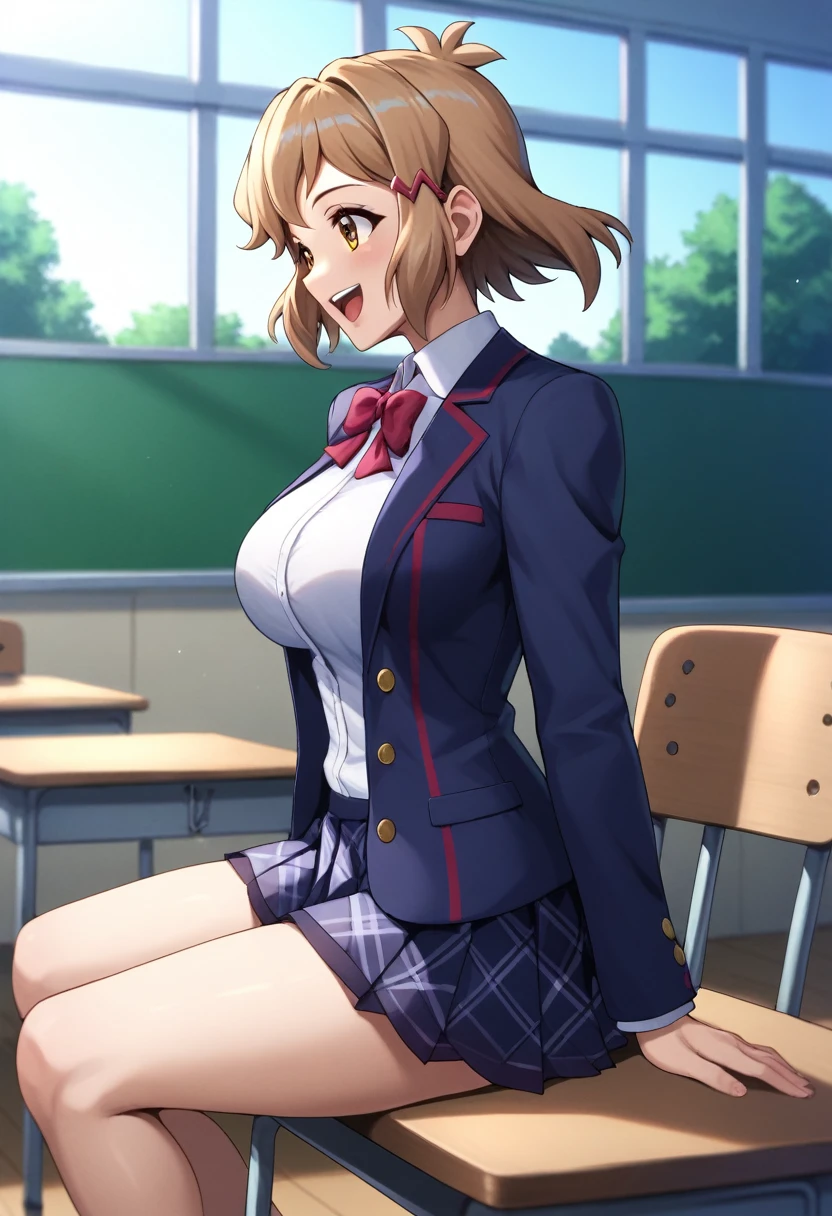  (((masterpiece))), (((Best quality))), (Very detailed), (full body), classroom, sitting on a chair, tachibana hibiki (symphogear), short hair, 1girl, brown hair, hairclip, brown eyes, school uniform, white shirt, red necktie, pleated skirt, open jacket, blazer, beautiful breasts, happy, from side,,